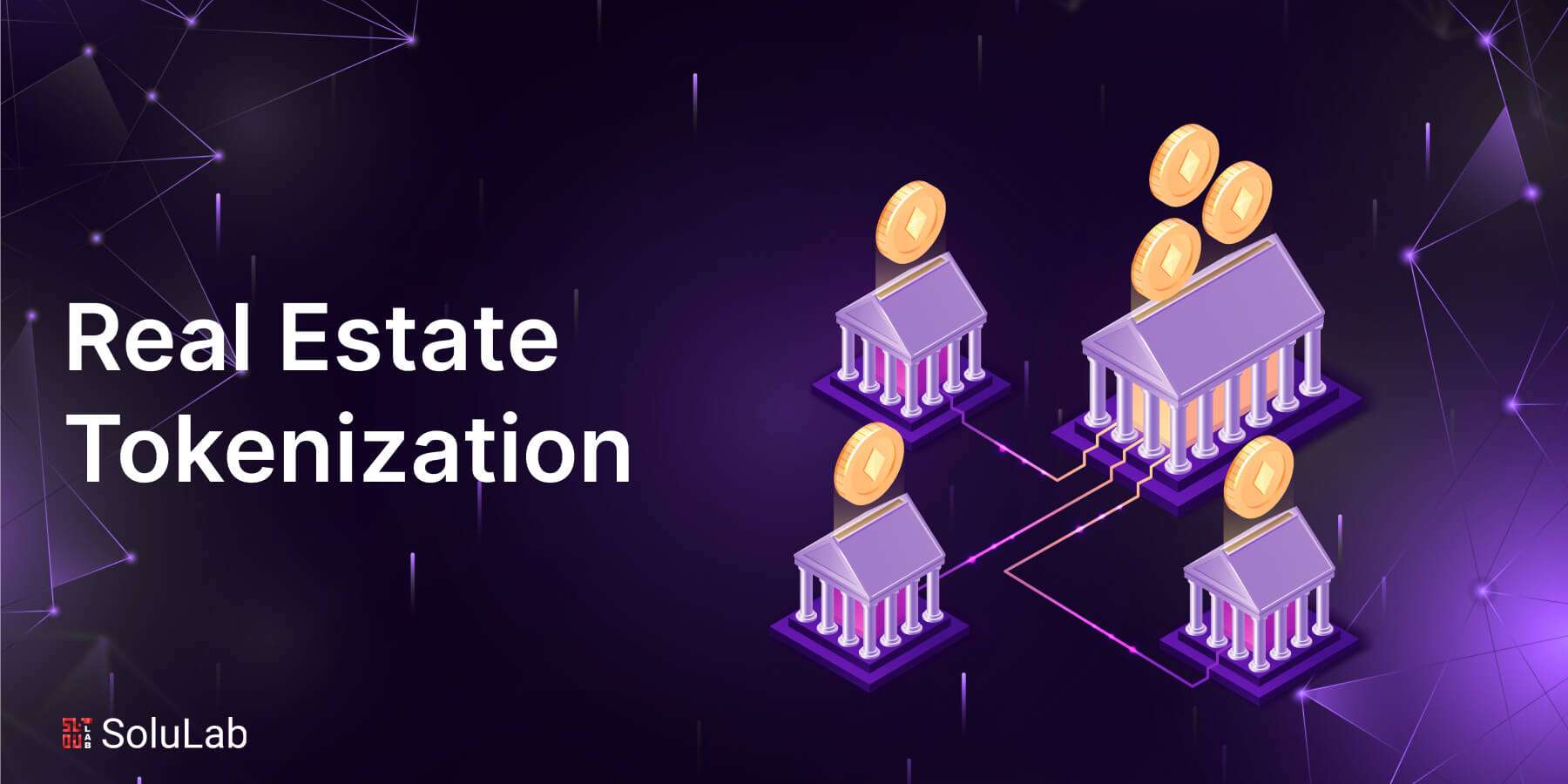 Modern digital illustration showing blockchain-based fractional ownership of real estate properties with digital tokens and smart contracts.