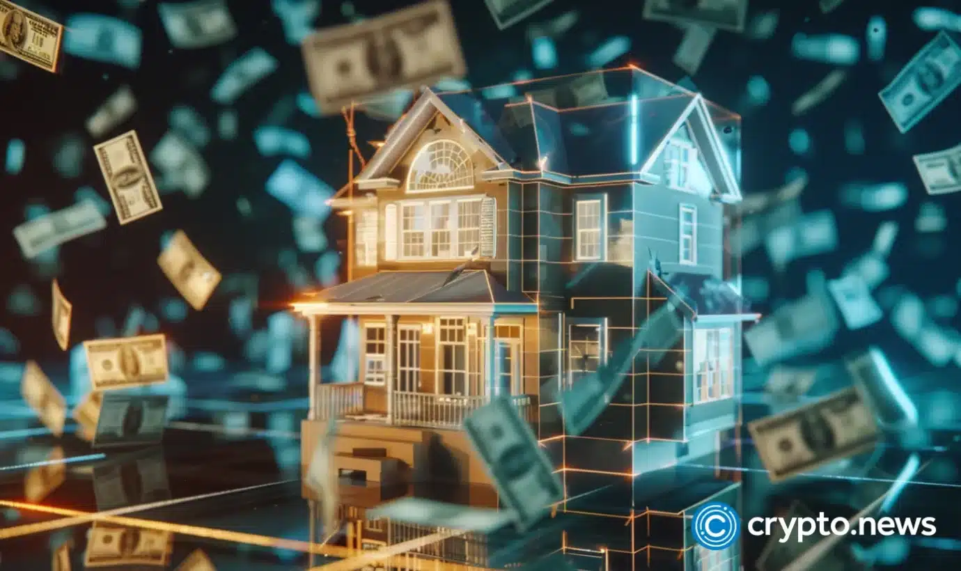 Modern digital illustration of real estate tokenization using blockchain, showing property buildings with interconnected digital tokens and blockchain symbols