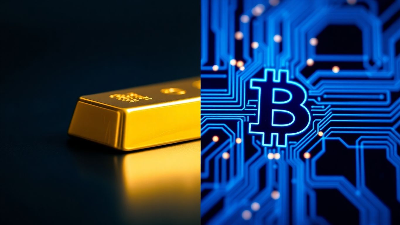 Modern digital vault with gold bars and blockchain overlay representing tokenized gold in 2025