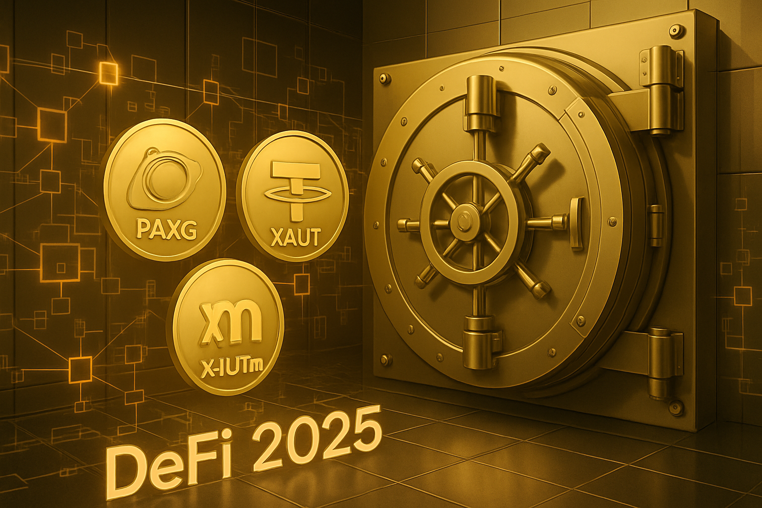 Modern gold vault with digital blockchain overlay featuring PAX Gold (PAXG), Tether Gold (XAUT), and Matrixdock XAUt (XAUm) tokens for DeFi in 2025