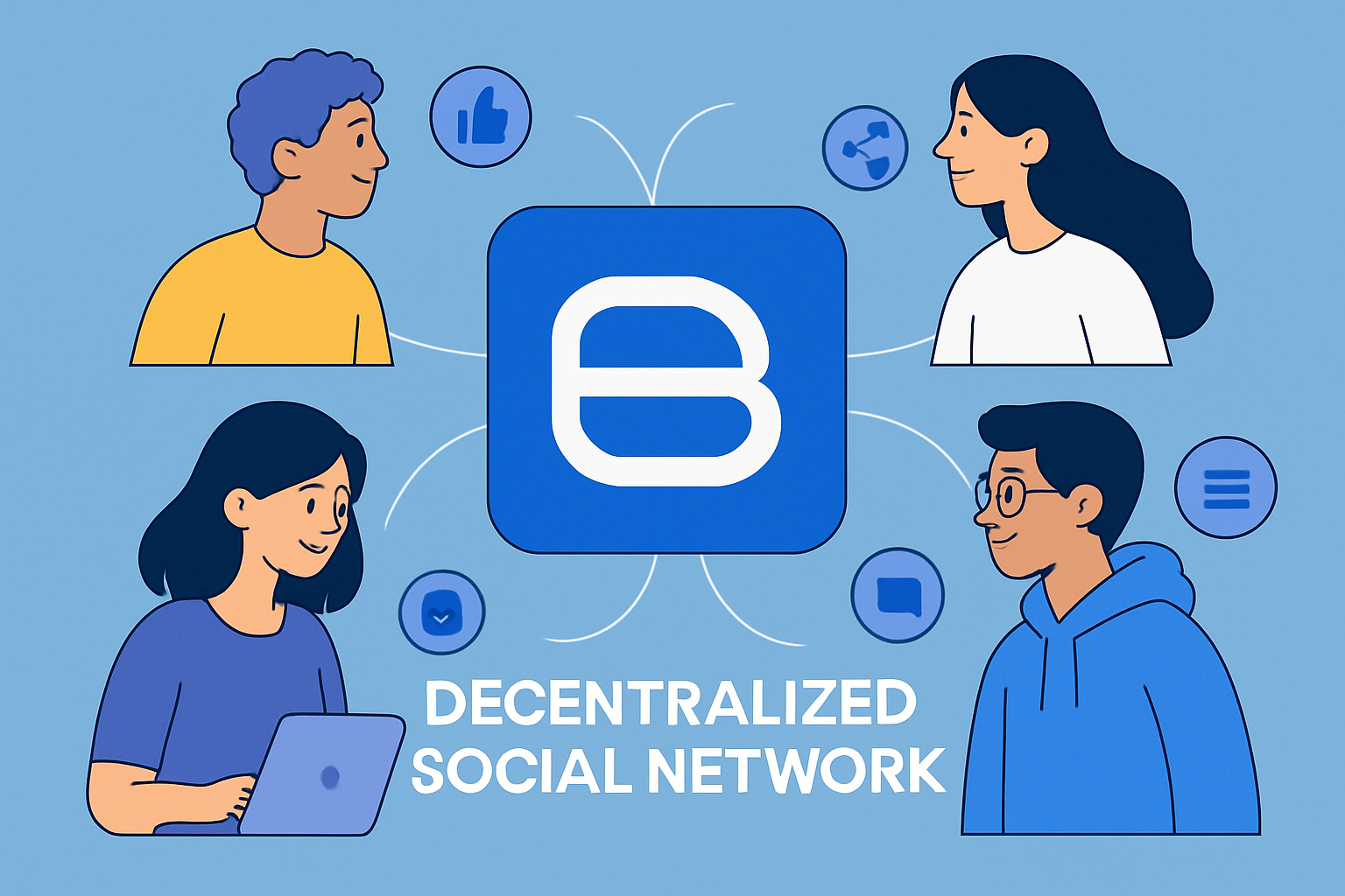 Modern illustration of users connecting on Farcaster via the Base blockchain, showcasing decentralized social networking and blockchain integration.