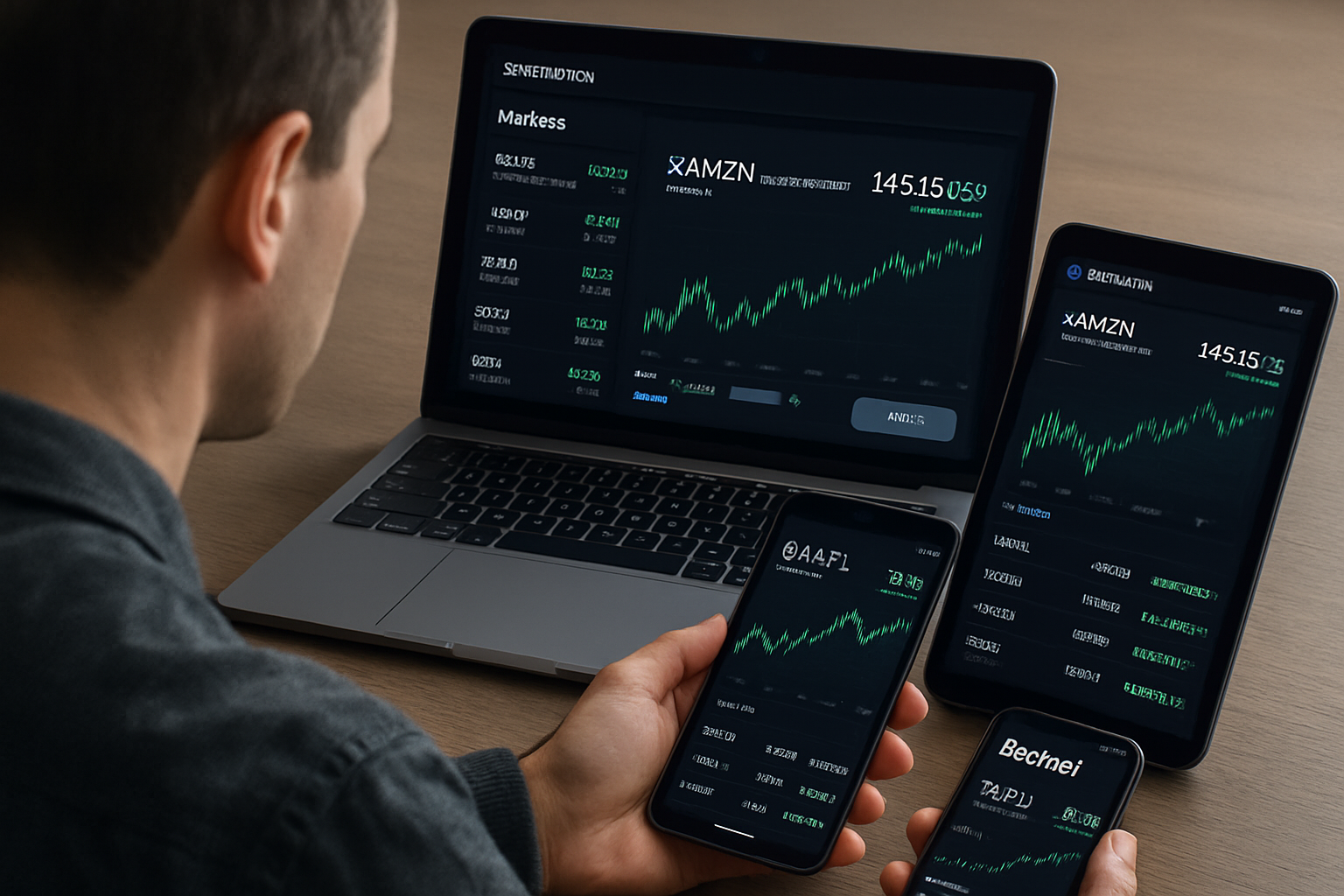 Modern investor using multiple devices to track tokenized U.S. tech stocks on blockchain platforms like Synthetix, Kraken xStocks, and Backed Finance