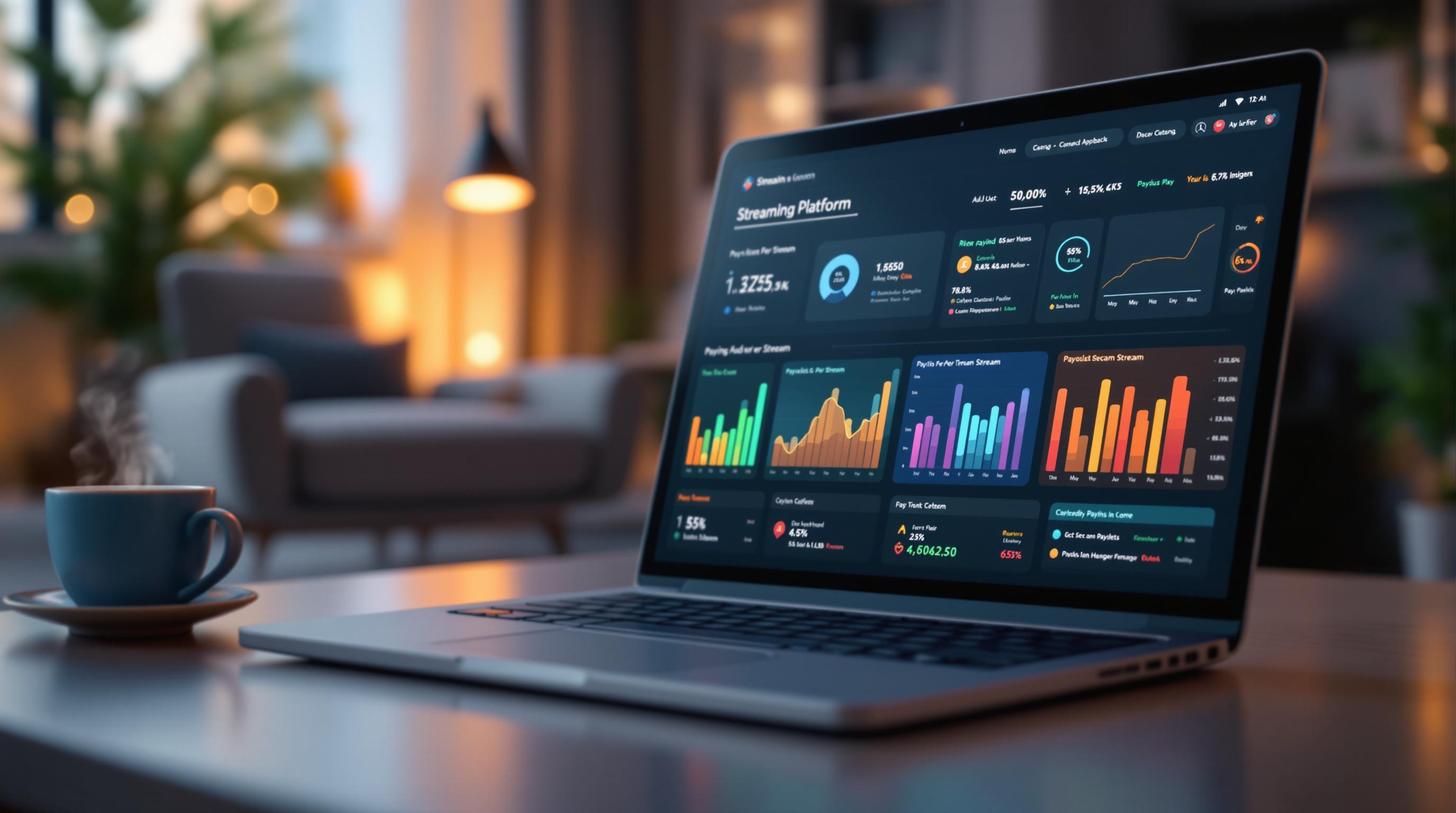 Modern investor using a blockchain music royalty platform on a tablet, showcasing digital tokens and music assets