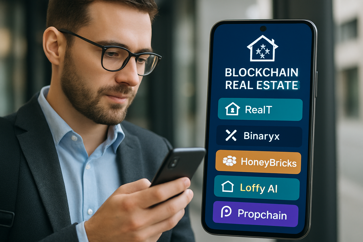 Modern investor using a smartphone to access top blockchain real estate tokenization platforms like RealT, Binaryx, HoneyBricks, Lofty AI, and Propchain in 2025