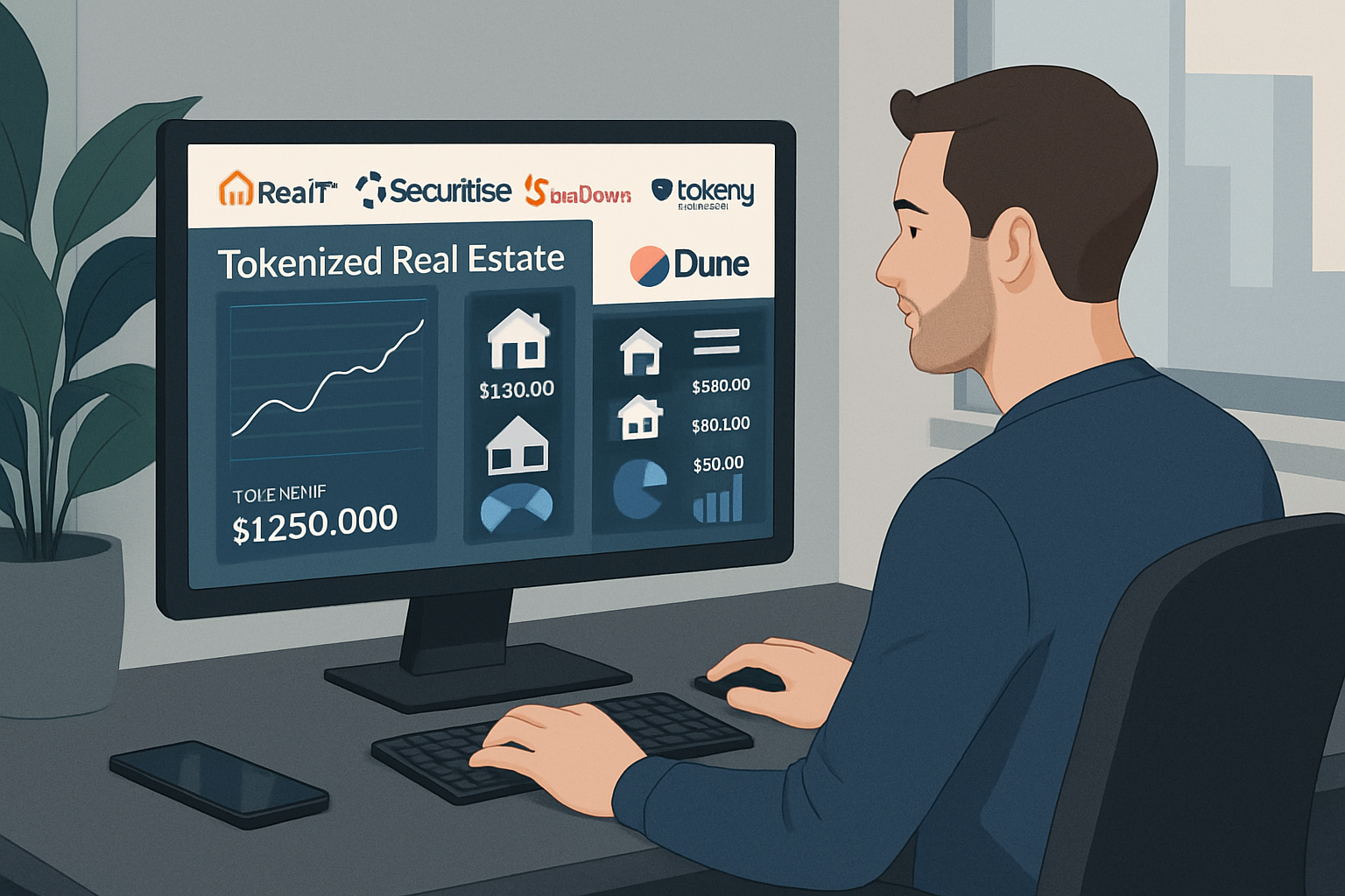Modern investor using a digital dashboard to track property tokens with RealT, Securitize, Redswan, Tokeny Solutions, and Dune Analytics platforms visible