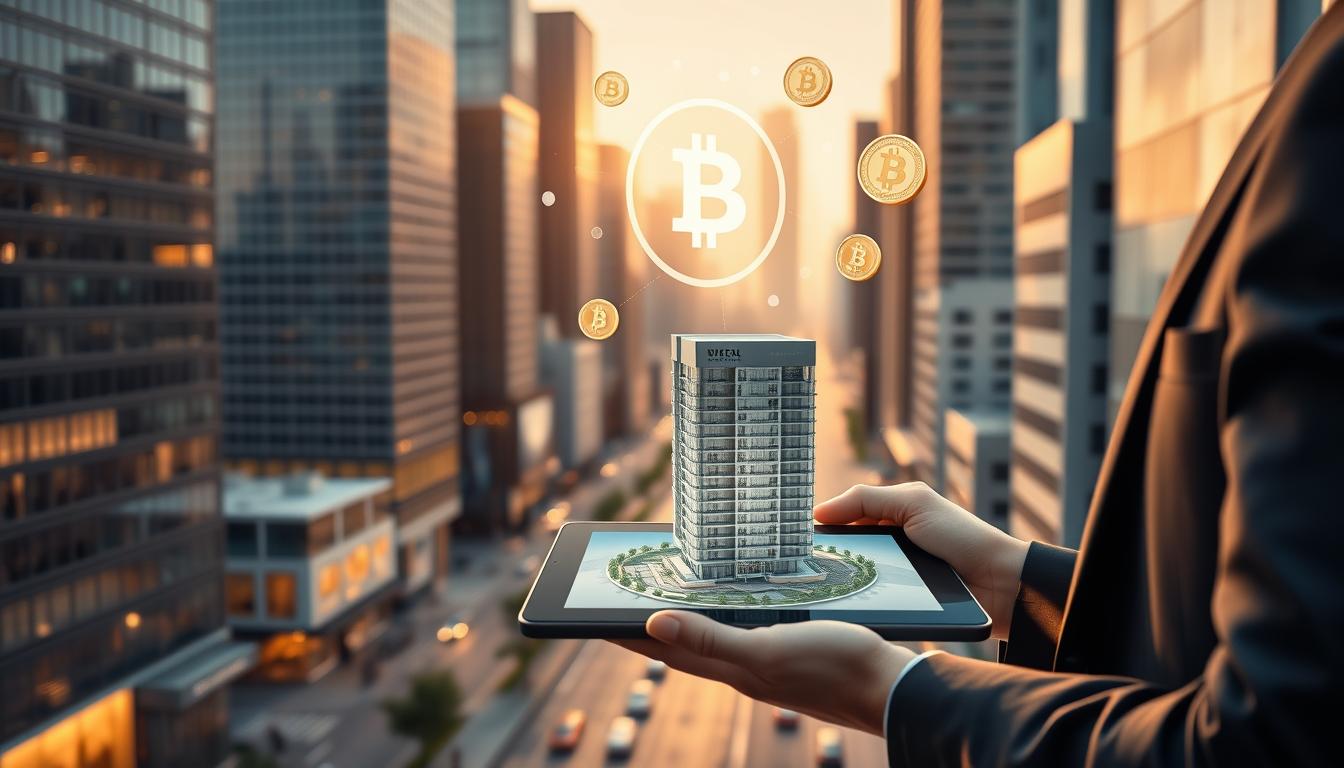 Modern luxury real estate property with digital blockchain tokens overlay symbolizing fractional ownership and global investment accessibility