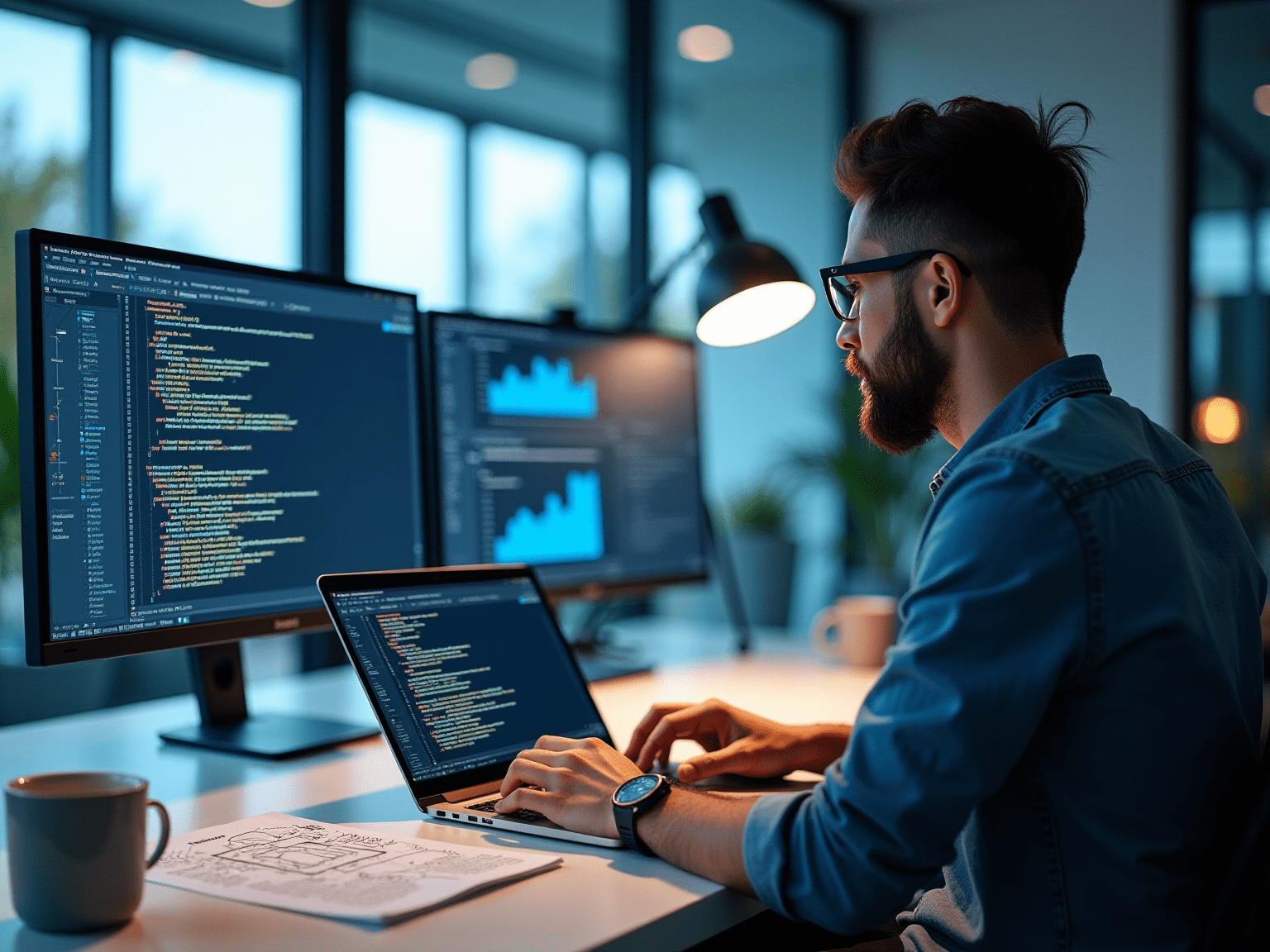 Modern office team collaborating on a blockchain-powered payroll dashboard for cross-border payments