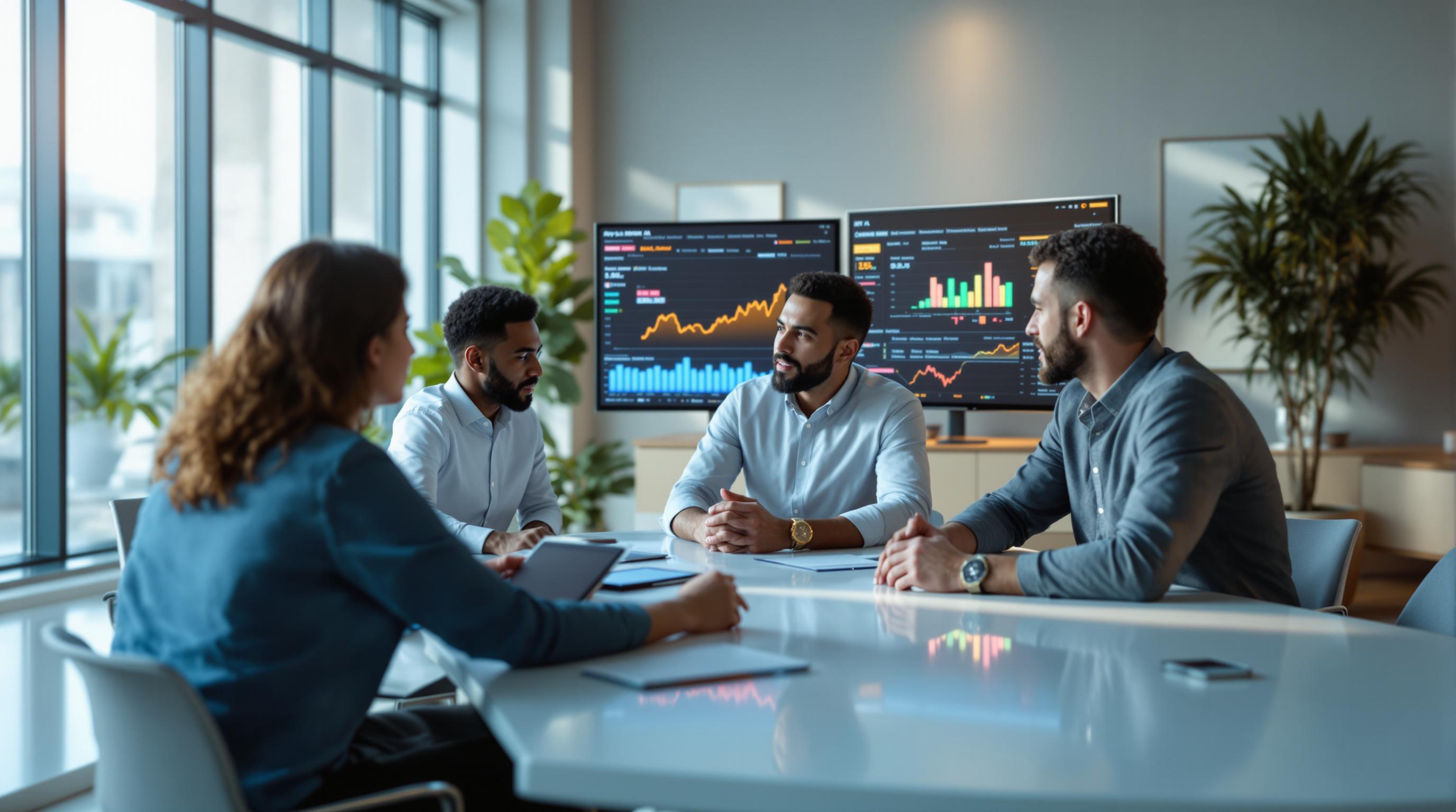Modern office team collaborating around a digital payroll dashboard powered by blockchain technology, illustrating efficient and secure stablecoin transactions for international payroll.