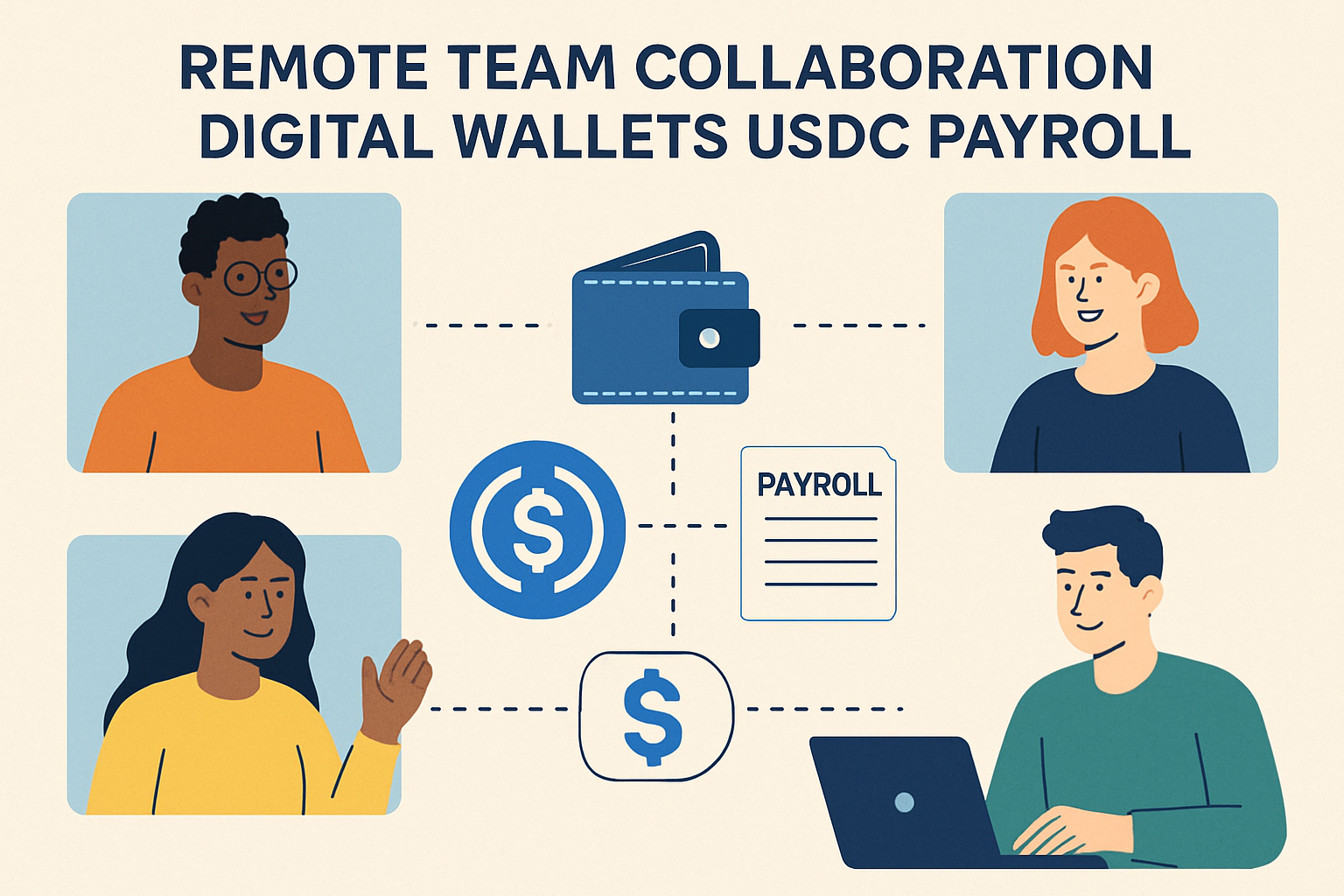 Modern remote team collaborating on global payroll using digital wallets and USDC stablecoin