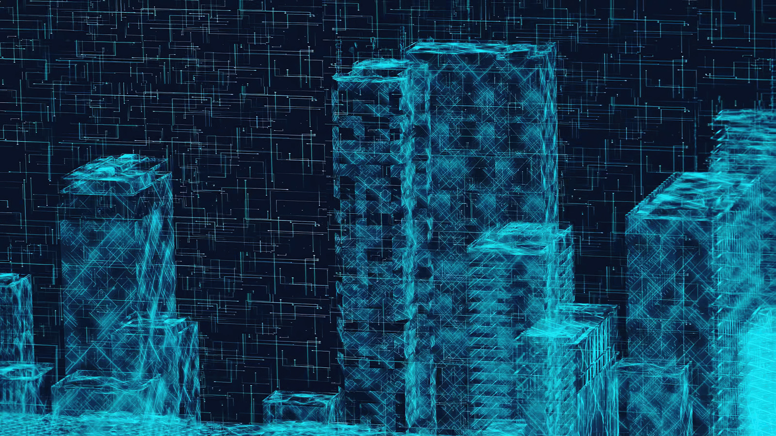 Modern city skyline blending digital blockchain elements with traditional real estate buildings, symbolizing tokenized real estate and REIT investments