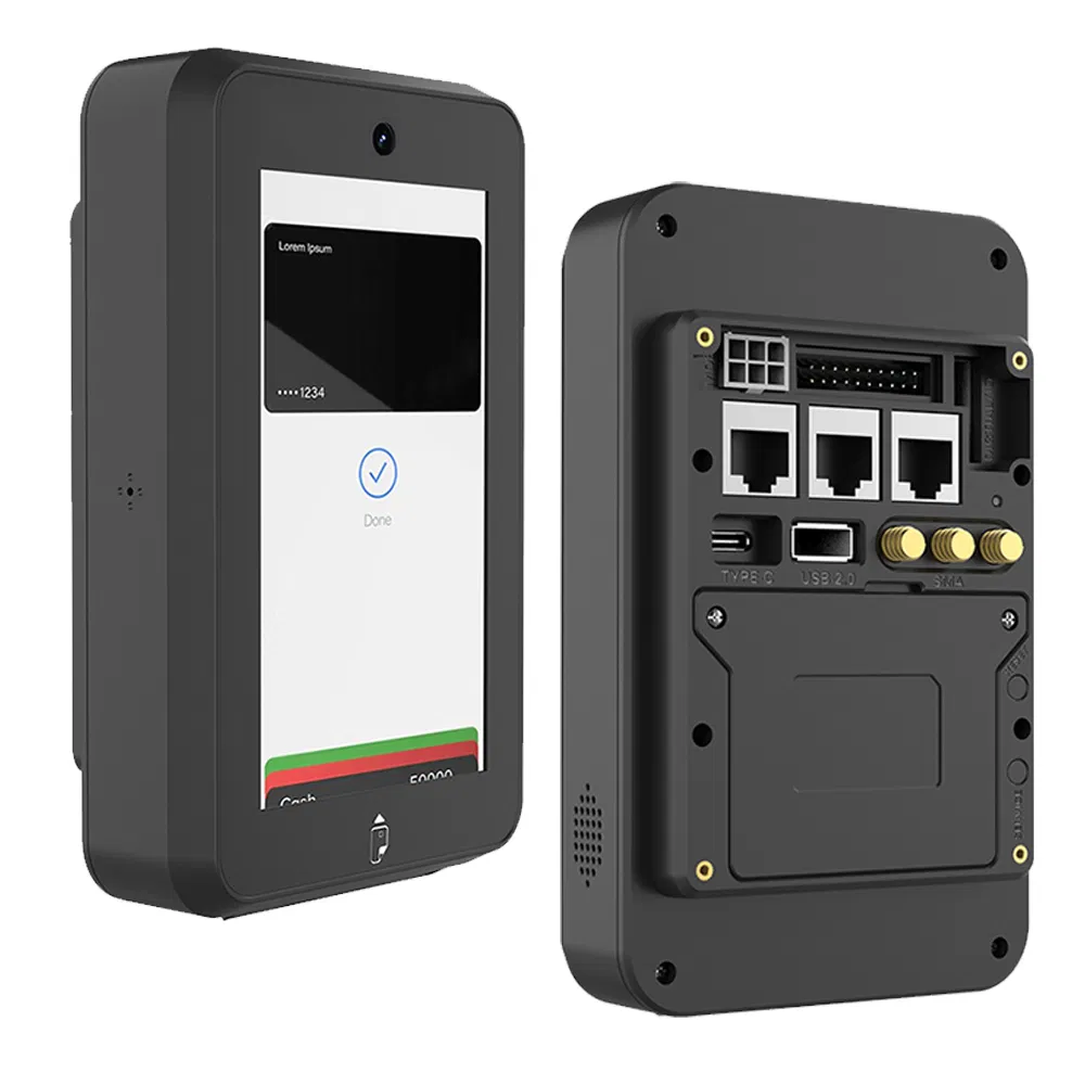 Modern USDC Lightning POS terminal with NFC tap at retail vending machine displaying offline transaction confirmation