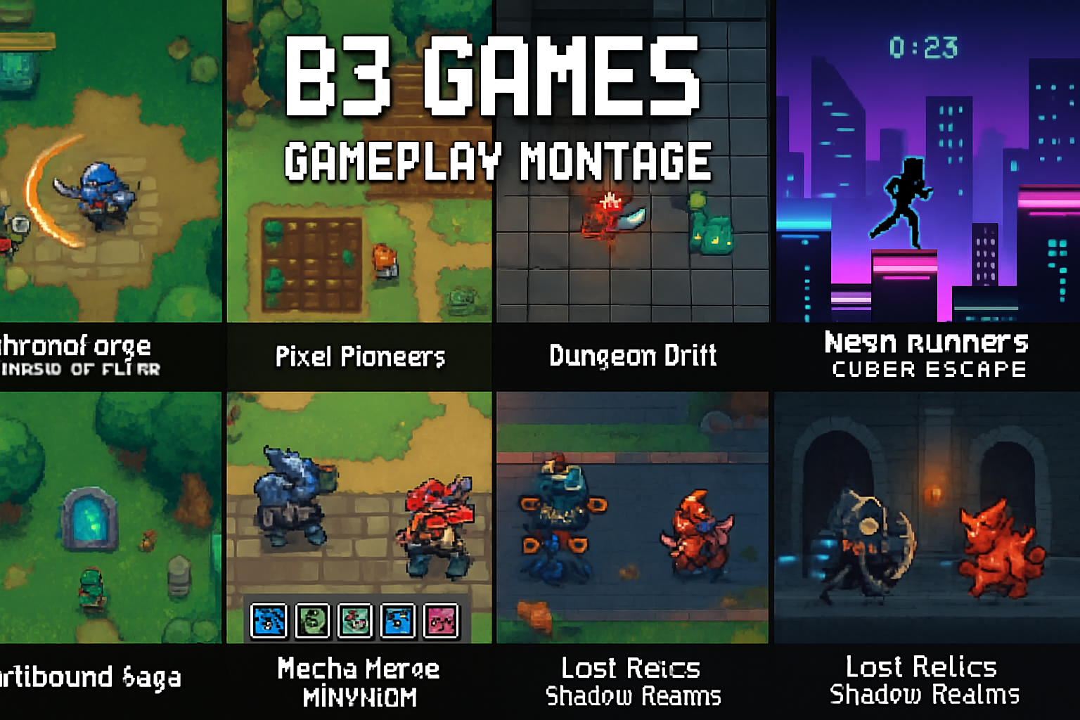 Montage of gameplay screenshots from hidden gem B3 Games titles: ChronoForge Echoes of Time, Pixel Pioneers, Dungeon Drift, Neon Runners Cyber Escape, Spiritbound Saga, Mecha Merge Mayhem, and Lost Relics Shadow Realms.