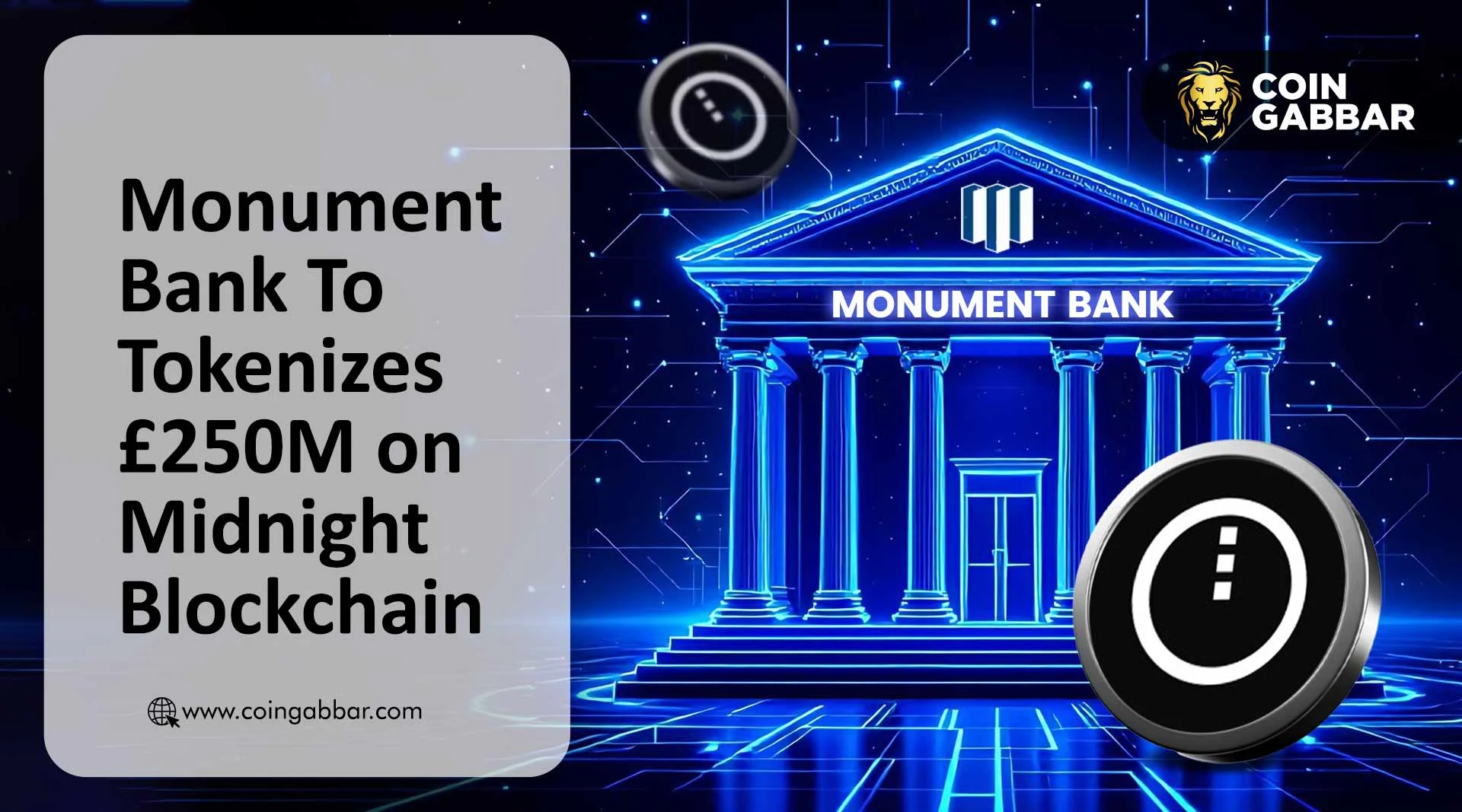 Monument Bank logo alongside Midnight Network blockchain graphic symbolizing tokenized retail deposits partnership