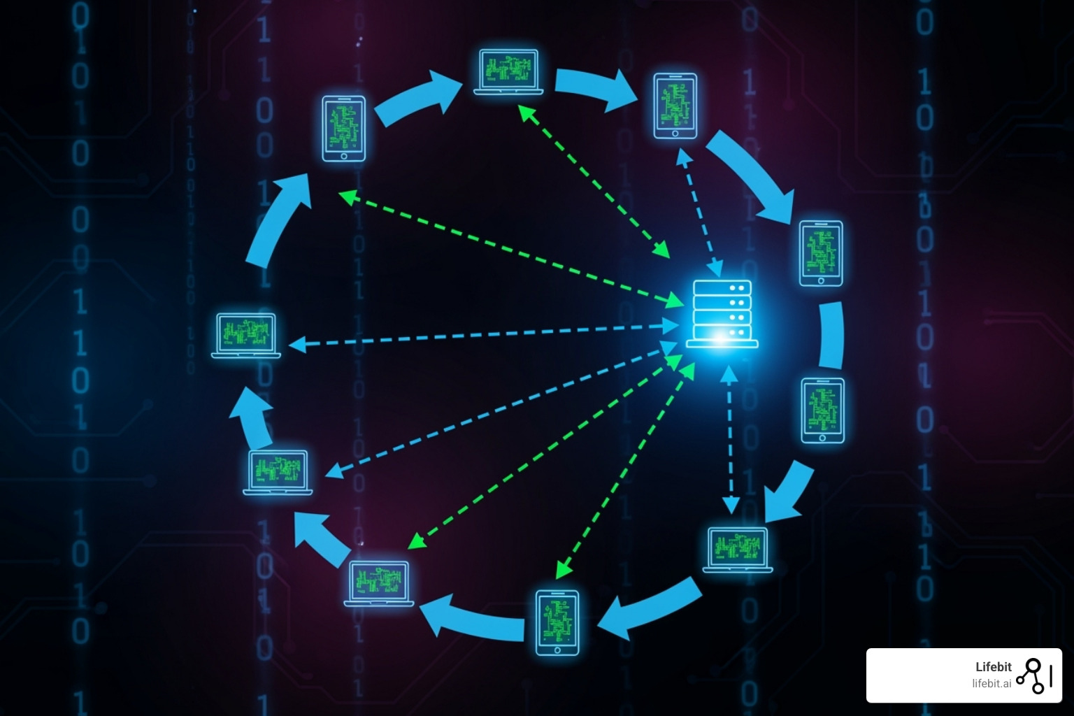 Network of hospitals collaborating on zkML federated learning for privacy-preserving AI cancer detection, featuring secure data flows and privacy shields