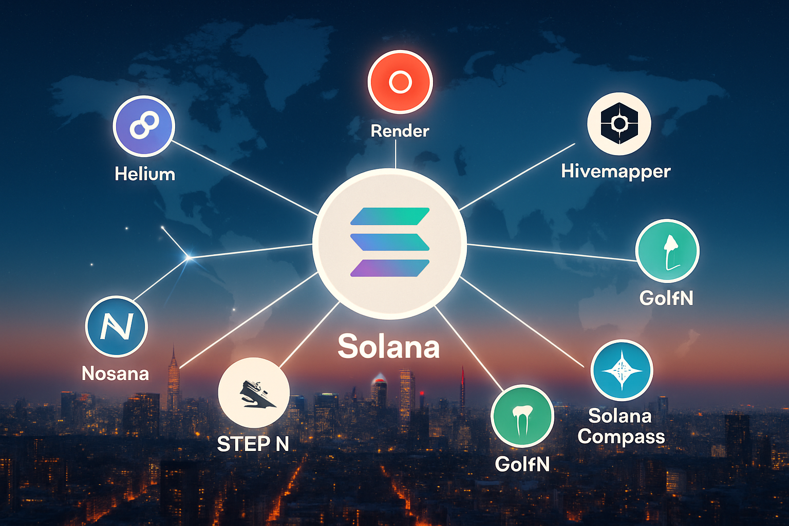 Interconnected Solana DePIN nodes representing Helium, Render Network, Hivemapper, Nosana, Stepn, GolfN, and Solana Compass across a global cityscape in 2024
