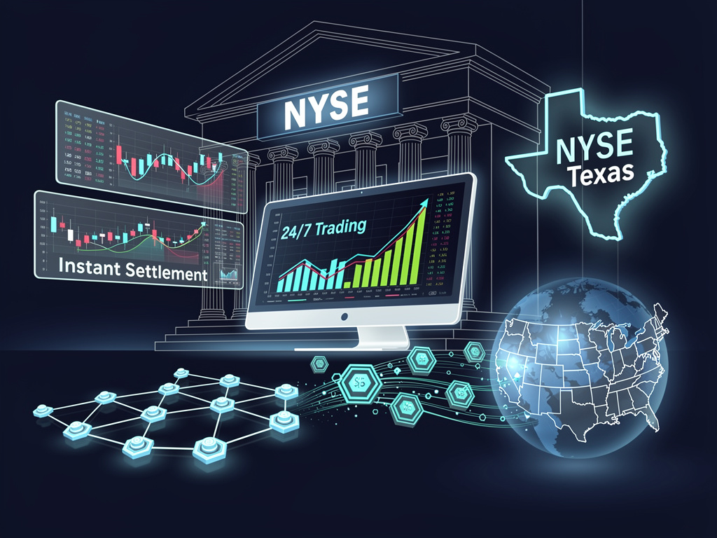 Visualization of NYSE digital platform for 24/7 tokenized stocks and ETFs trading with blockchain technology and stablecoins