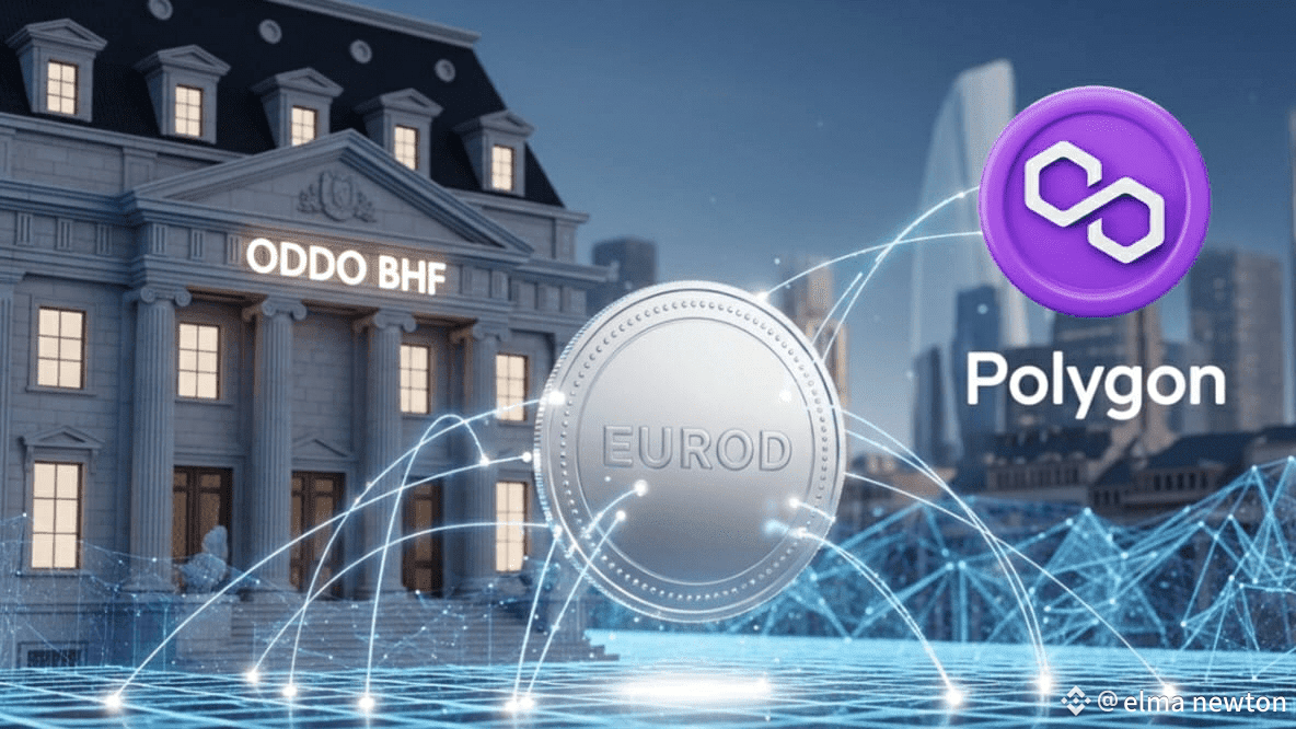 ODDO BHF logo alongside EUROD stablecoin and Polygon blockchain network visual representation