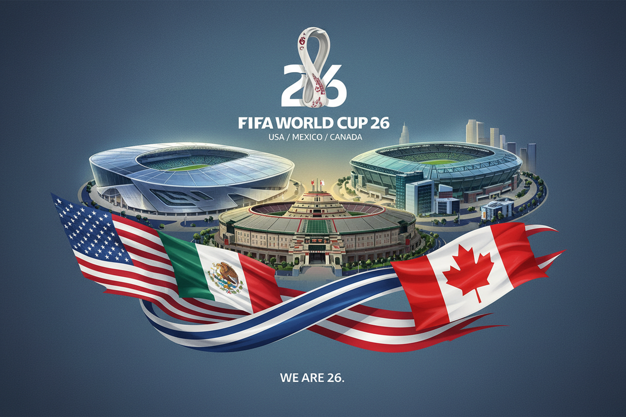 Official 2026 FIFA World Cup poster featuring stadiums across USA, Mexico, and Canada with host nation flags