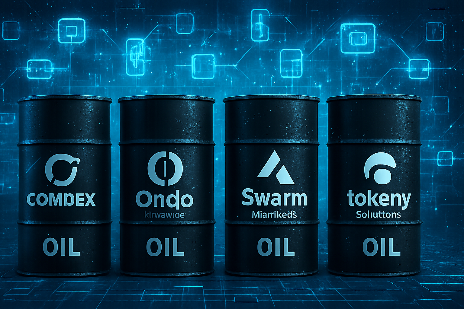 Oil barrels with blockchain digital overlays and logos of COMDEX, Ondo Finance, Swarm Markets, and Tokeny Solutions representing tokenized oil asset platforms