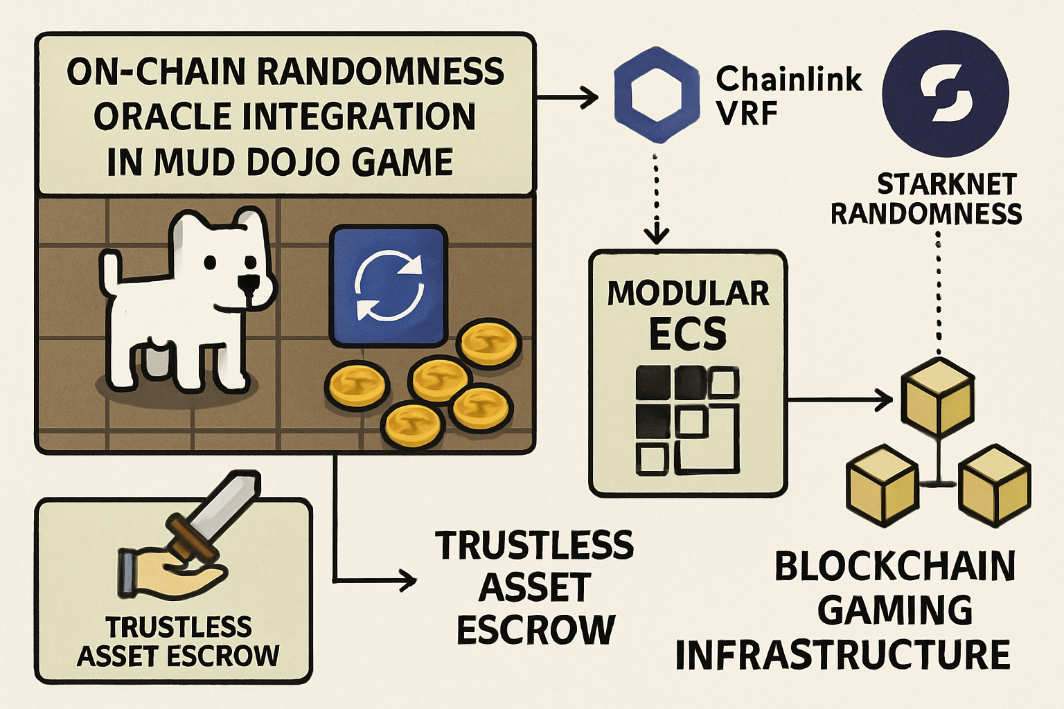 On-chain randomness oracle integration in MUD/Dojo game, visualizing secure randomness, modular ECS architecture, and trustless asset escrow for fully on-chain gaming.