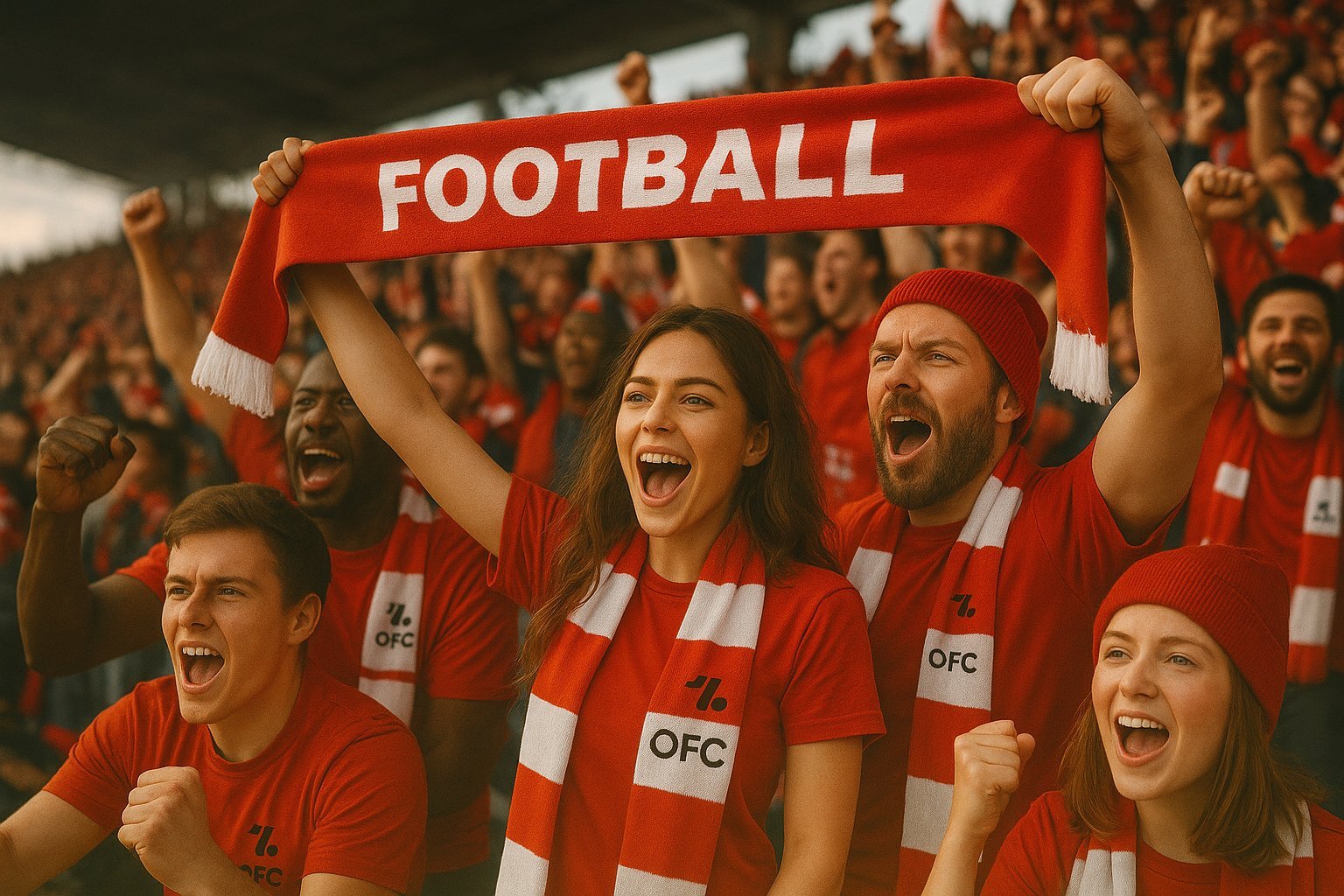 OneFootball Club fans celebrating together while using smartphones and tablets to engage with the $OFC Web3 fan community.
