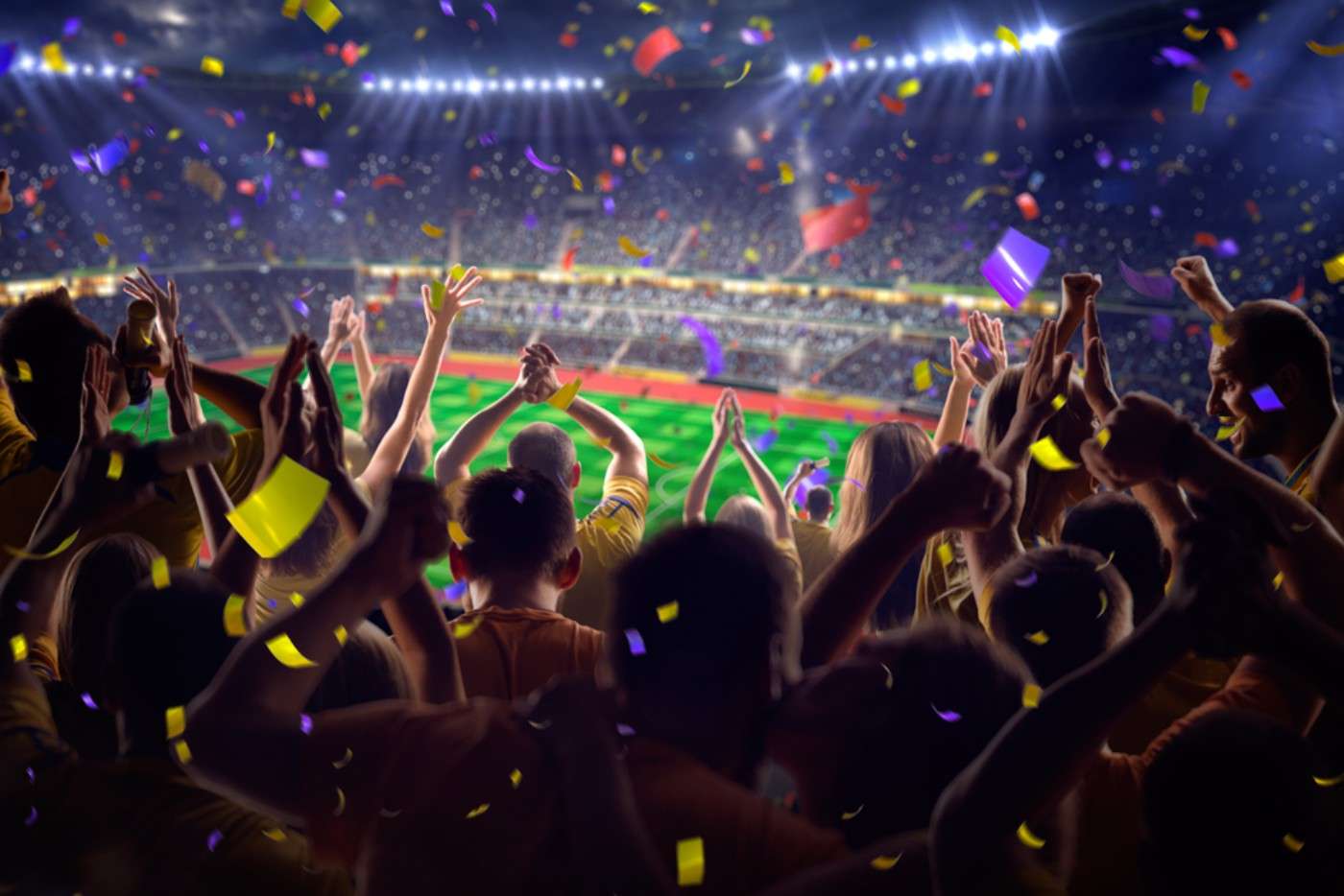 Packed sports stadium with fans using smartphones and enjoying seamless wireless connectivity powered by blockchain technology