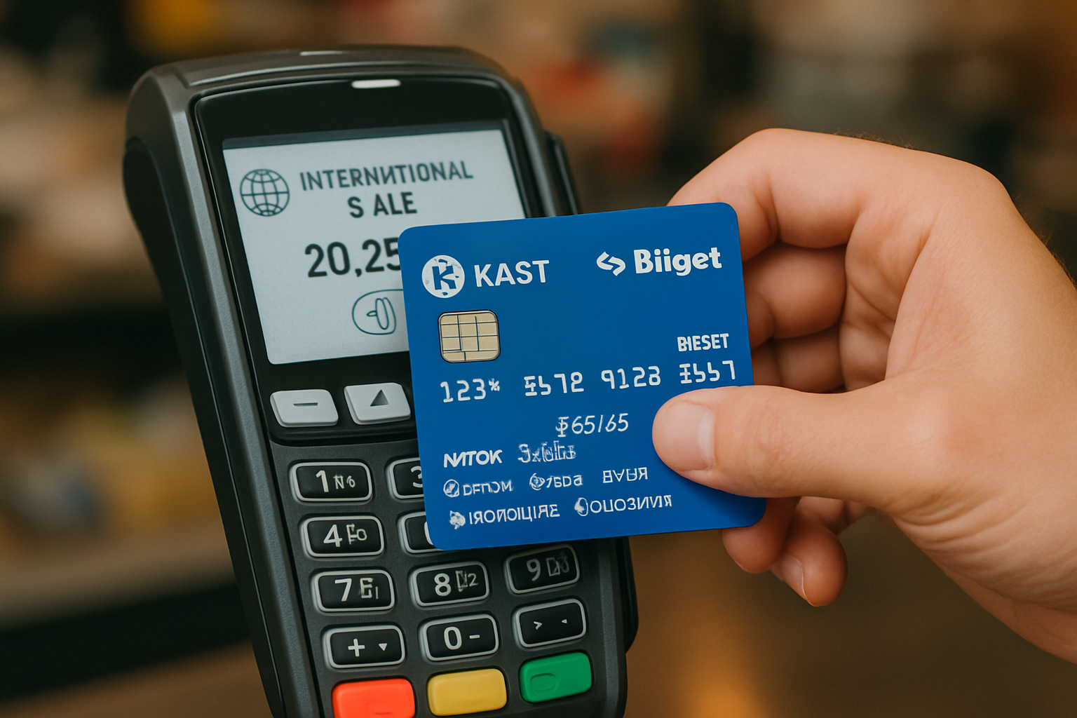 Person using a top stablecoin crypto card (KAST, Bitget, Wirex, Stables, Crypto.com, Binance, Nexo, Bybit, Monolith, ClubSwan) at an international point-of-sale terminal for seamless crypto-to-fiat spending in 2025.