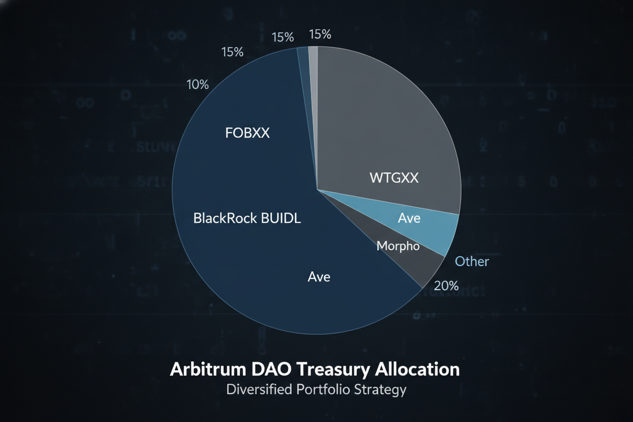 Pie chart illustrating Arbitrum DAO $100M treasury allocation across BlackRock BUIDL, Franklin Templeton FOBXX, WisdomTree WTGXX, Aave, and Morpho for yield generation