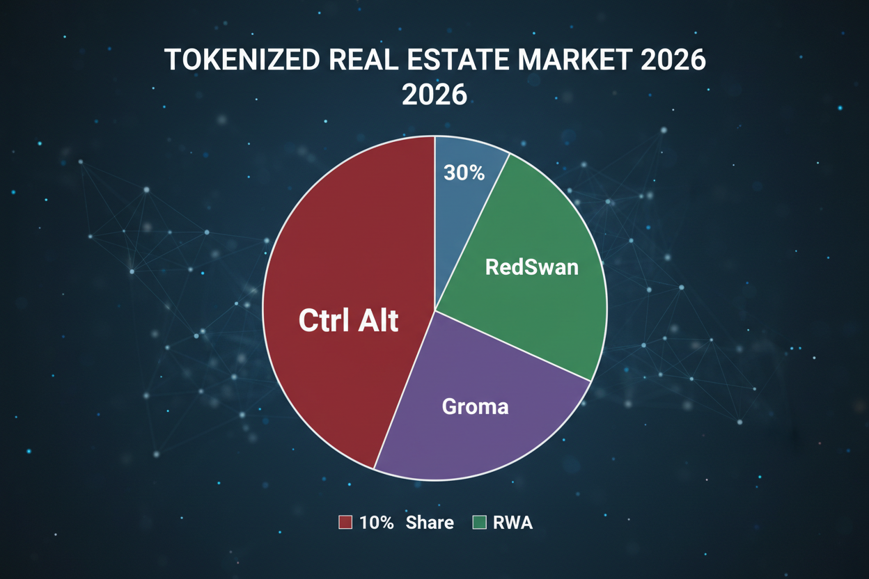 Pie chart of tokenized real estate market shares February 2026: Ctrl Alt 35%, RedSwan 20%, Groma 16%, RWA platforms dominance visualization