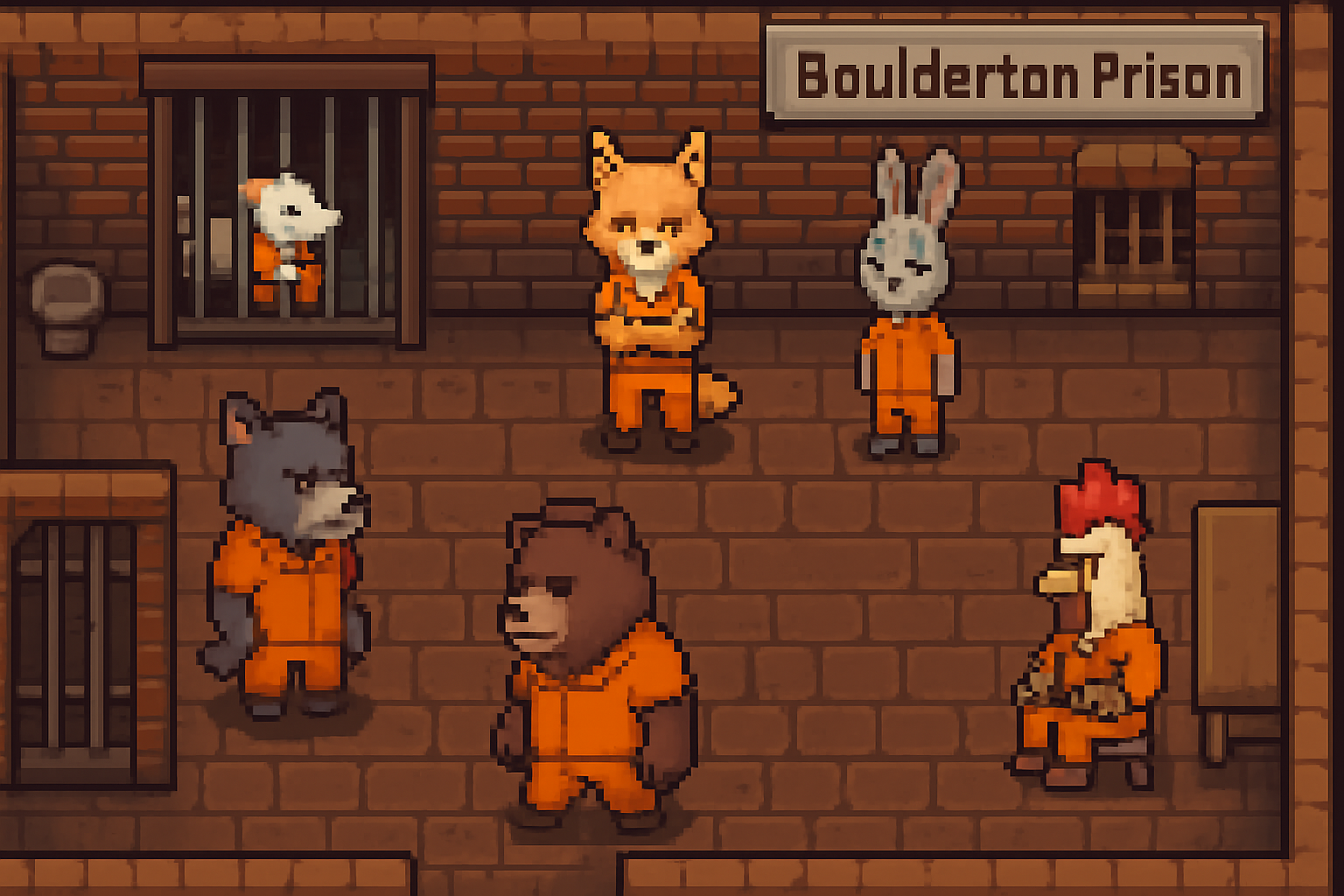Pixel art screenshot of Back to the Dawn featuring animal inmates inside Boulderton Prison, showcasing the game's detailed prison environment and anthropomorphic characters.