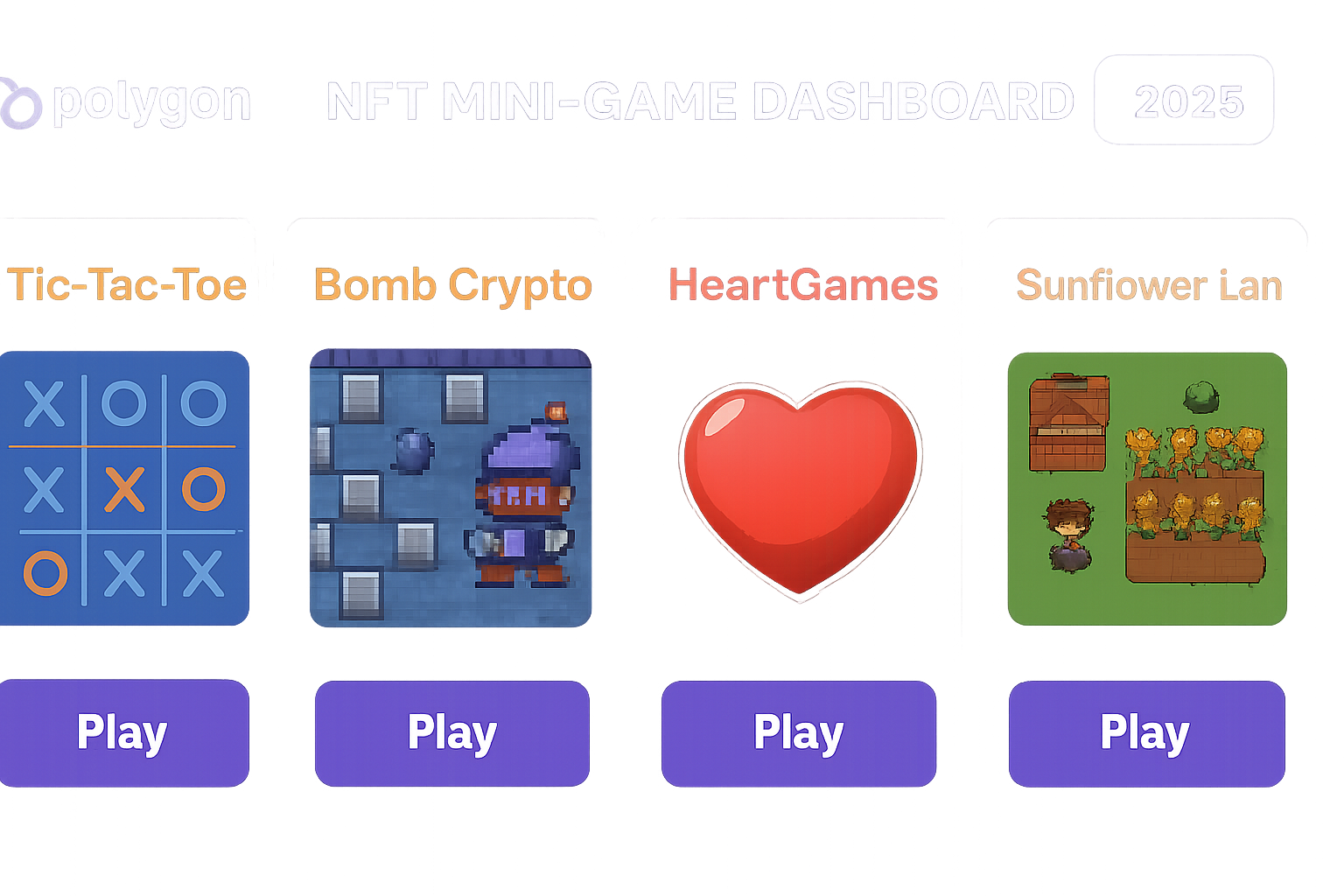 Polygon NFT mini-game dashboard screenshot featuring TicTacToe Play To Earn, Bomb Crypto, HeartGames, Sunflower Land, and Arc8 by GAMEE, showcasing top P2E platforms and NFT income streams in 2025.