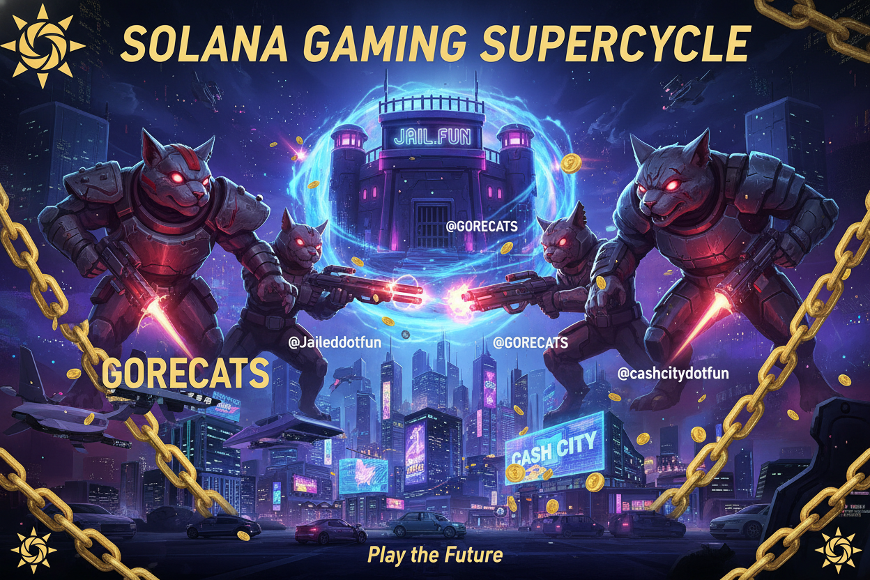 Promo visuals of Jail.fun, GORECATS, and CashCity Solana games highlighting 2026 gaming supercycle with Web3 play-to-earn concepts