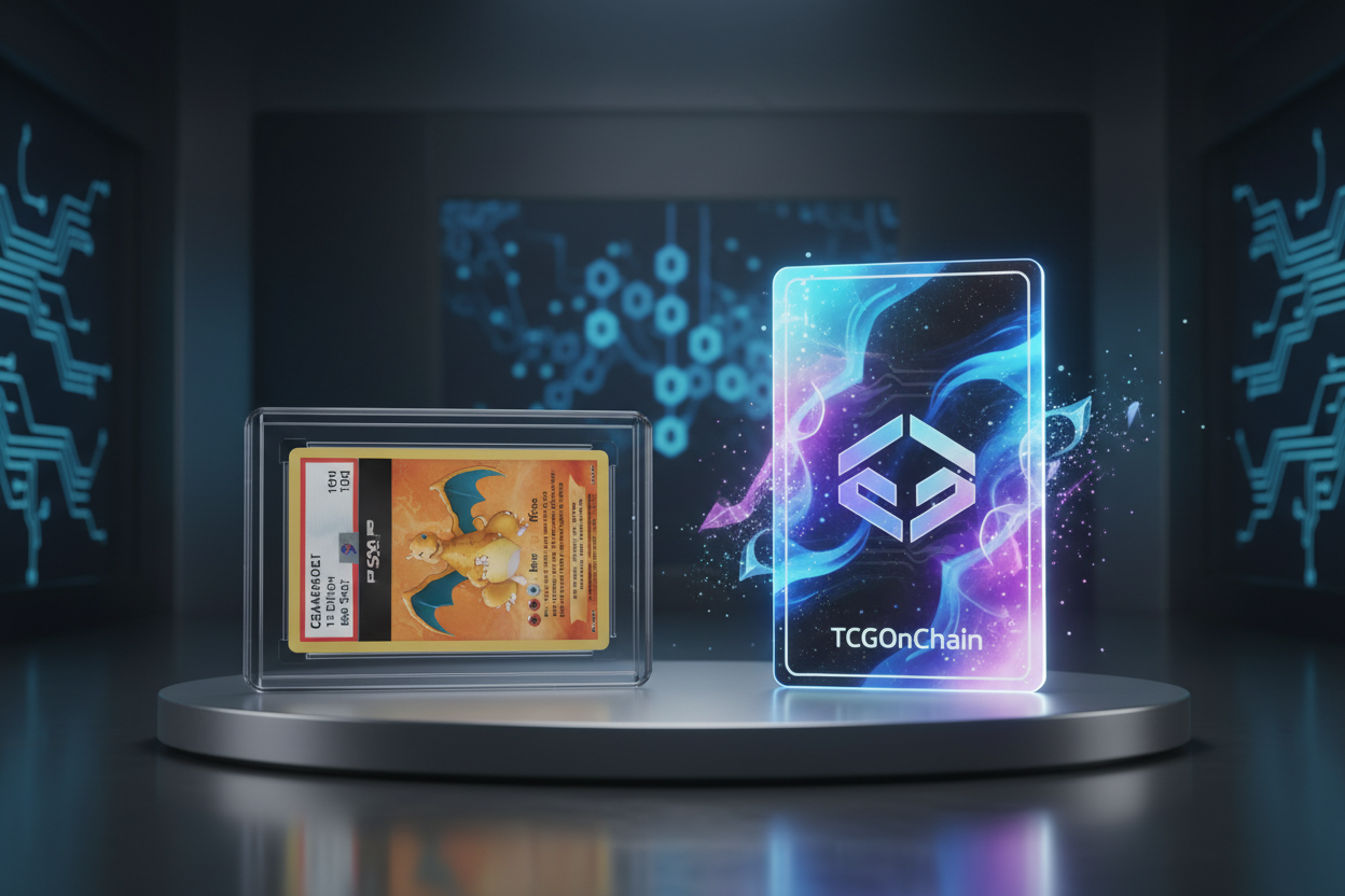 PSA graded Pokémon Charizard card slab beside glowing NFT on TCGOnChain platform, showcasing RWA tokenization for crypto trading