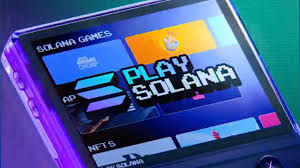 Person holding the Play Solana PSG1 handheld gaming device with a glowing Solana logo