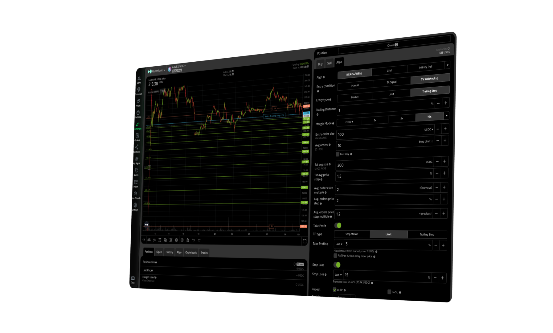 Rainbow Wallet mobile app interface screenshot displaying Hyperliquid perpetuals trading with visual risk indicators including liquidation prices, take profit, and stop loss levels