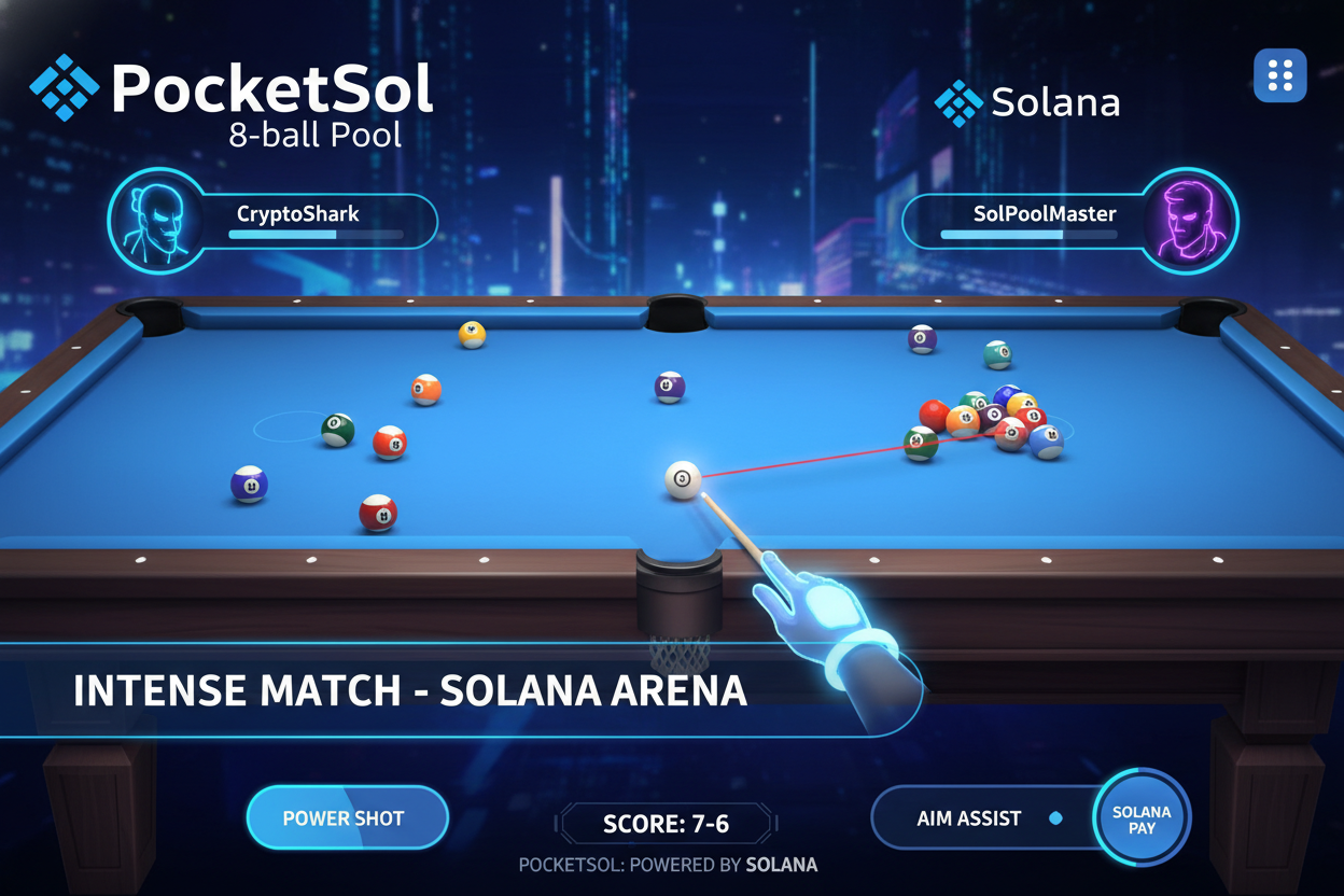 Realistic 8-ball pool gameplay screenshot from PocketSol play-to-earn game on Solana blockchain, intense competitive match with player aiming critical shot