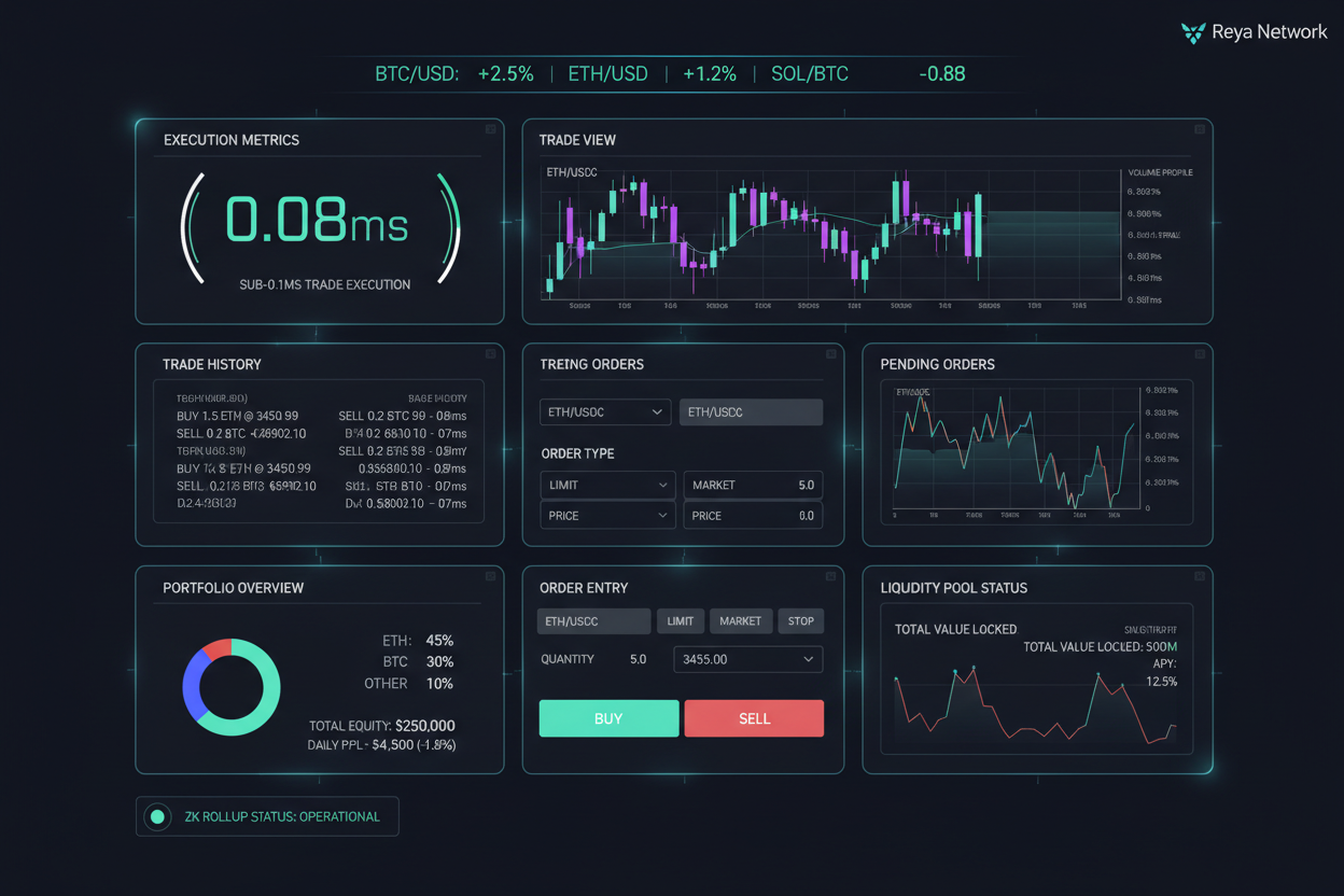 Reya Network dashboard showcasing sub-0.1ms trade execution on based ZK rollup DEX with Ethereum security