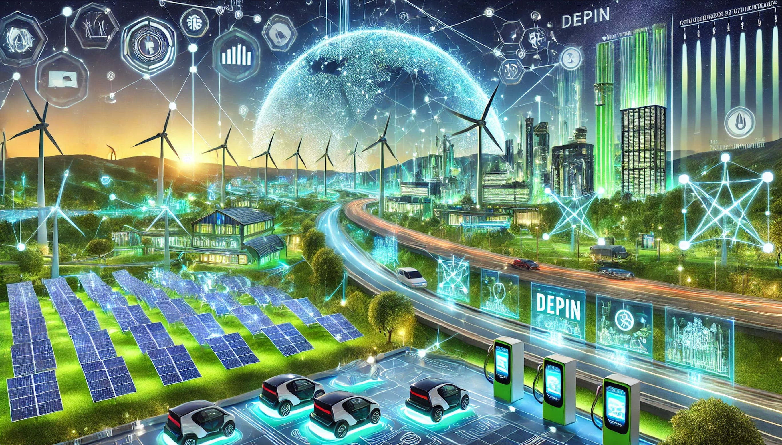 Rooftop solar panels interconnected with digital blockchain network, representing tokenized solar energy on Solana's DePIN ecosystem in 2025.