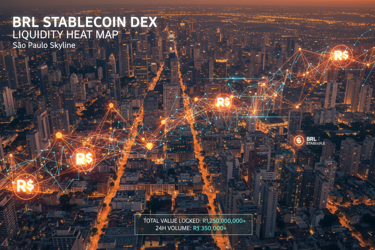 São Paulo skyline overlaid with vibrant interactive heat map of BRL stablecoin DEX liquidity pools, visualizing Brazil's surging crypto volumes and DeFi activity