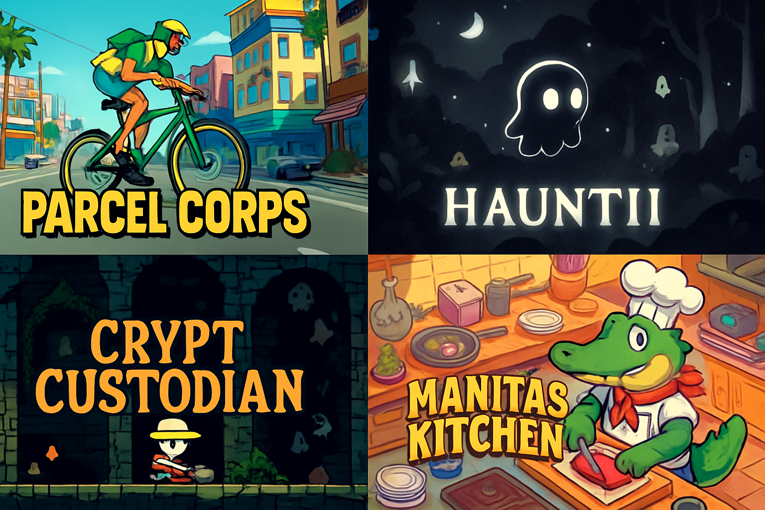 Screenshot collage of gameplay from Parcel Corps, Hauntii, Crypt Custodian, and Manitas Kitchen – best upcoming indie games on Steam November 2024