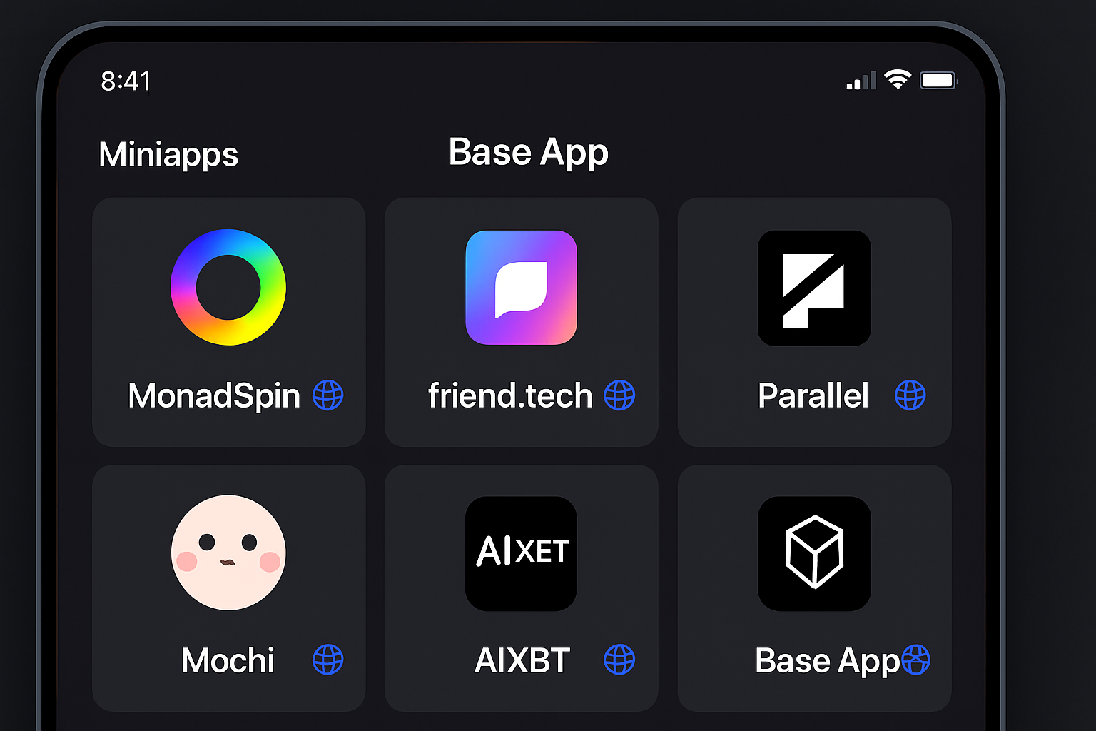 Screenshot collage of MonadSpin, friend.tech, Parallel, Mochi, and AIXBT miniapp interfaces within the Base App, highlighting top onchain experiences in gaming, social, DeFi, and rewards.