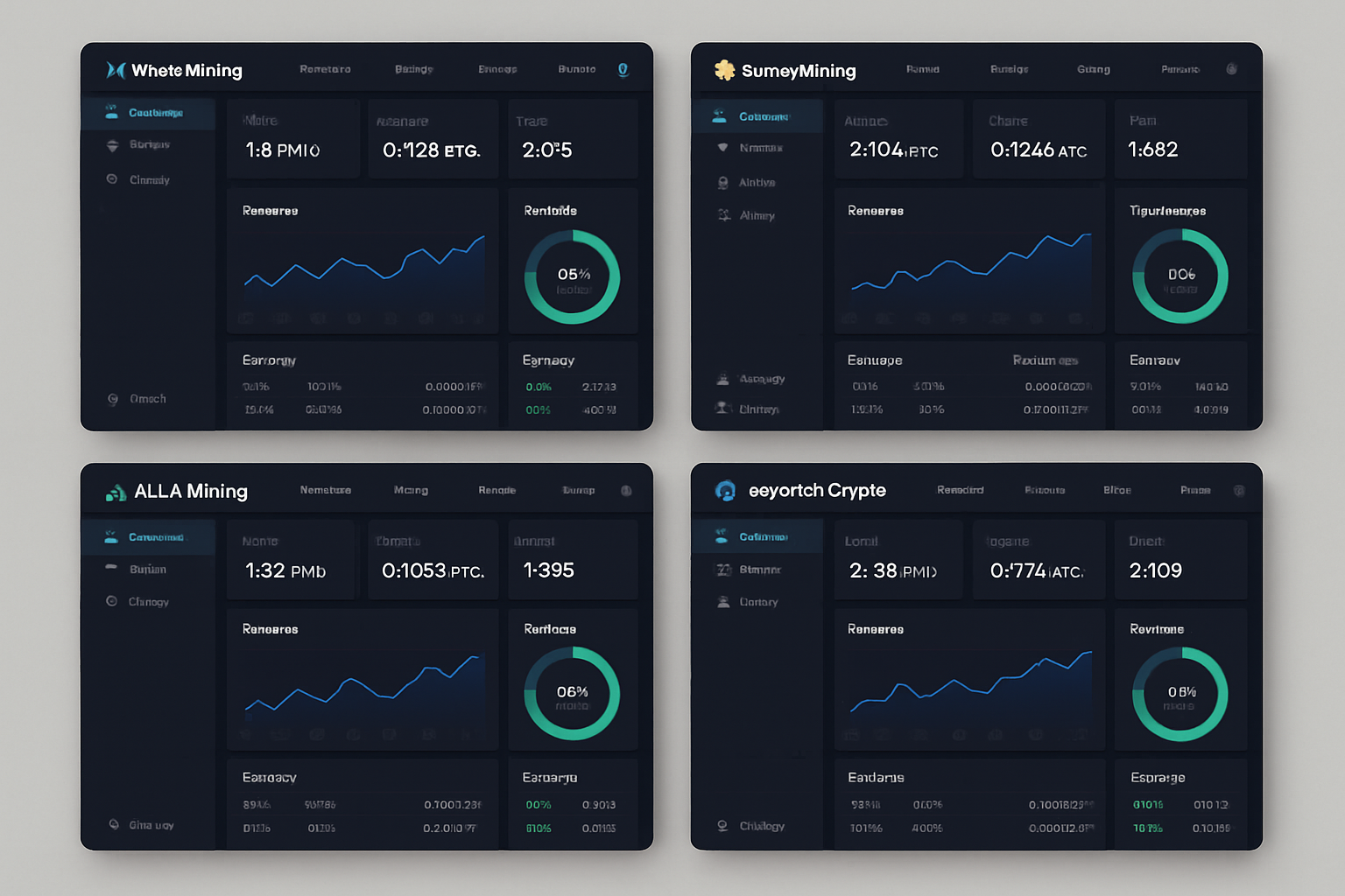 Screenshot collage of WinnerMining, SunnyMining, ALL4 Mining, and Topnotch Crypto cloud mining app dashboards in 2025, showcasing user-friendly interfaces for beginner Bitcoin miners.