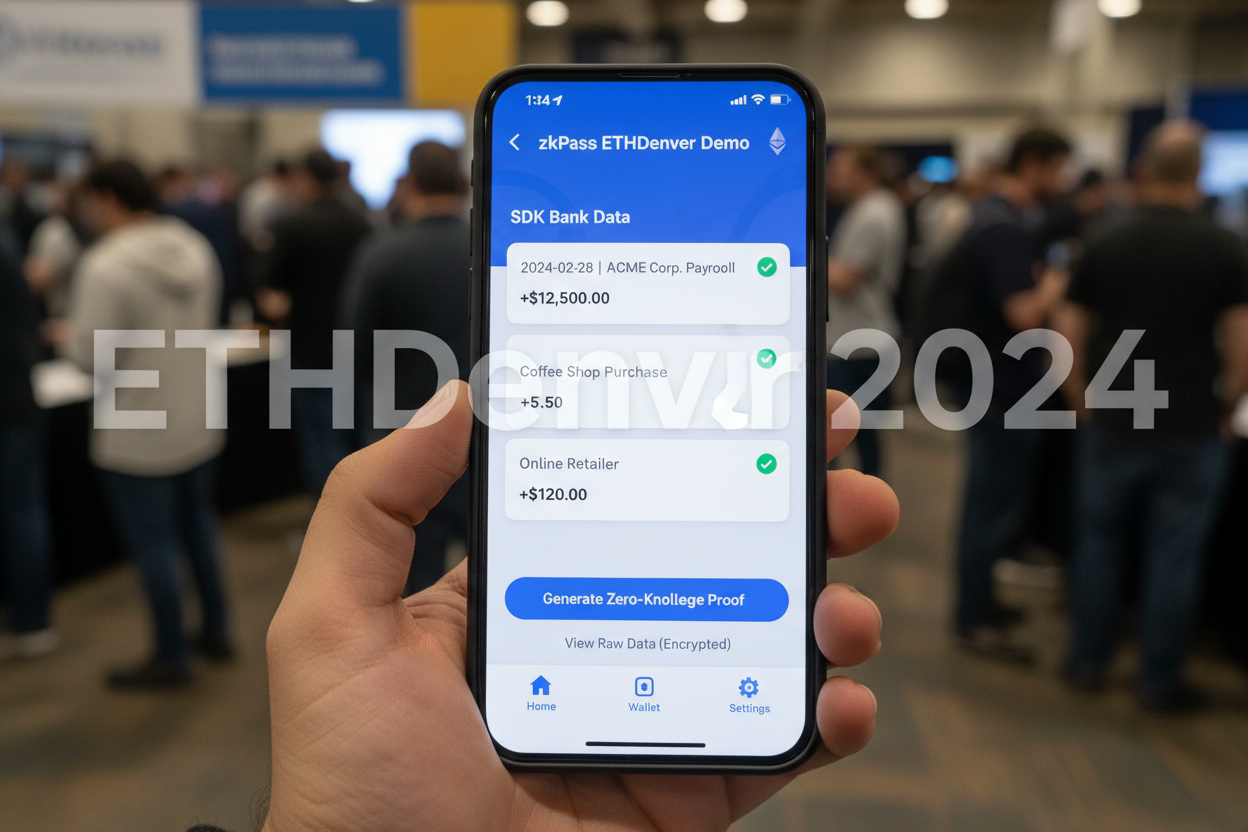 ETHDenver demo screenshot of zkPass SDK fetching offchain private bank data using custom ZK proof schemas for Web2 to onchain identity verification