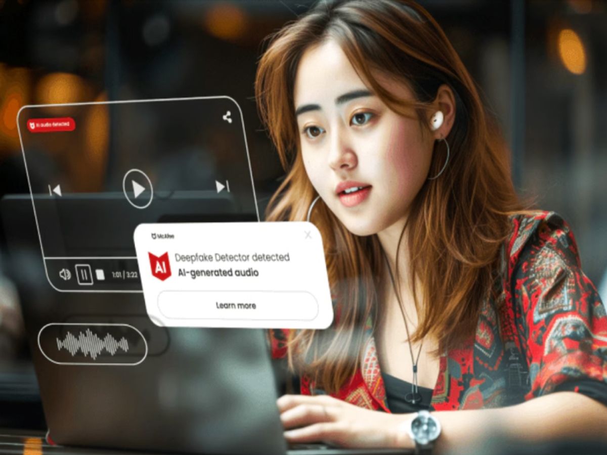 Screenshot from McAfee Deepfake Detector demo showing real-time detection of AI-generated videos in seconds