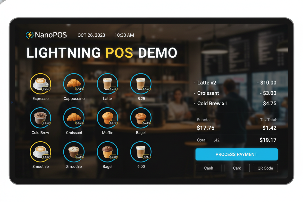 Screenshot from NanoPOS Lightning POS demo displaying real-time coffee order processing at a shop counter, illustrating Bitcoin Lightning Network micro-payments for coffee shops