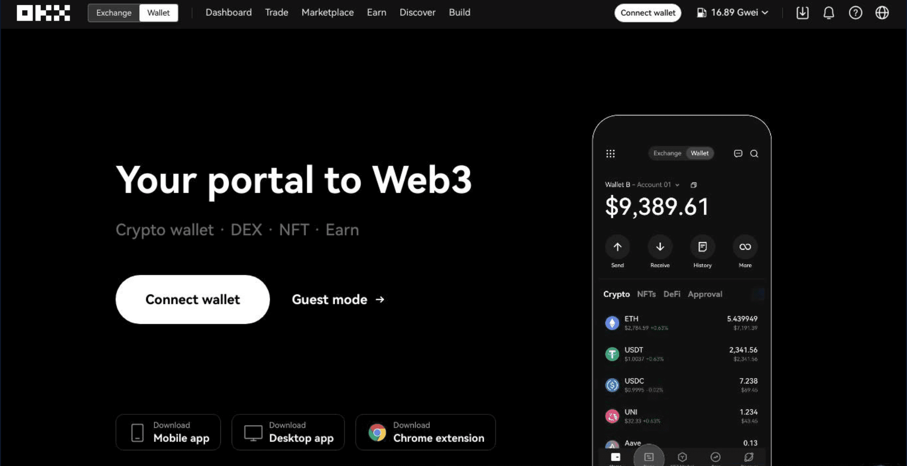 OKX Wallet dashboard and Trust Wallet home screen side-by-side comparison screenshot mockup