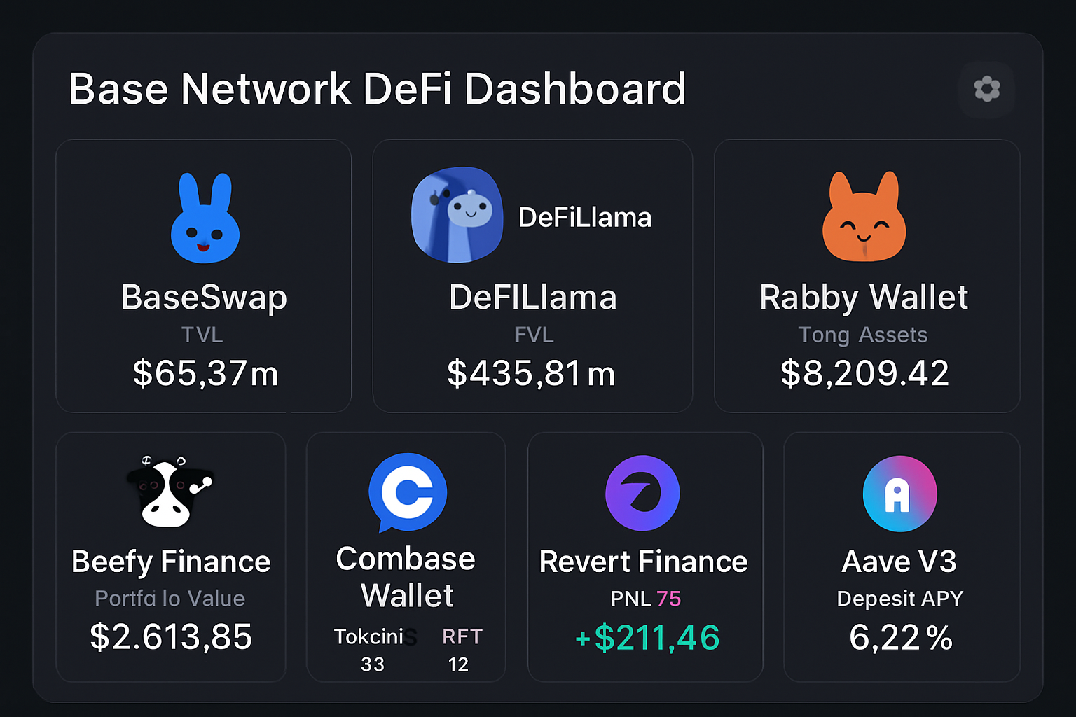 Screenshot of a user-friendly DeFi dashboard on Base network featuring platforms like BaseSwap, DeFiLlama, Rabby Wallet, Beefy Finance, Coinbase Wallet, Revert Finance, and Aave V3, showcasing intuitive interfaces for retail investors in 2024.