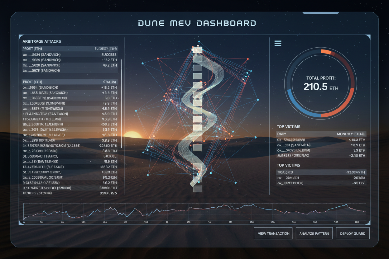 Screenshot of Dune Analytics MEV dashboard analyzing Ethereum arbitrage and sandwich attacks with metrics like MEV-per-block and searcher win rates