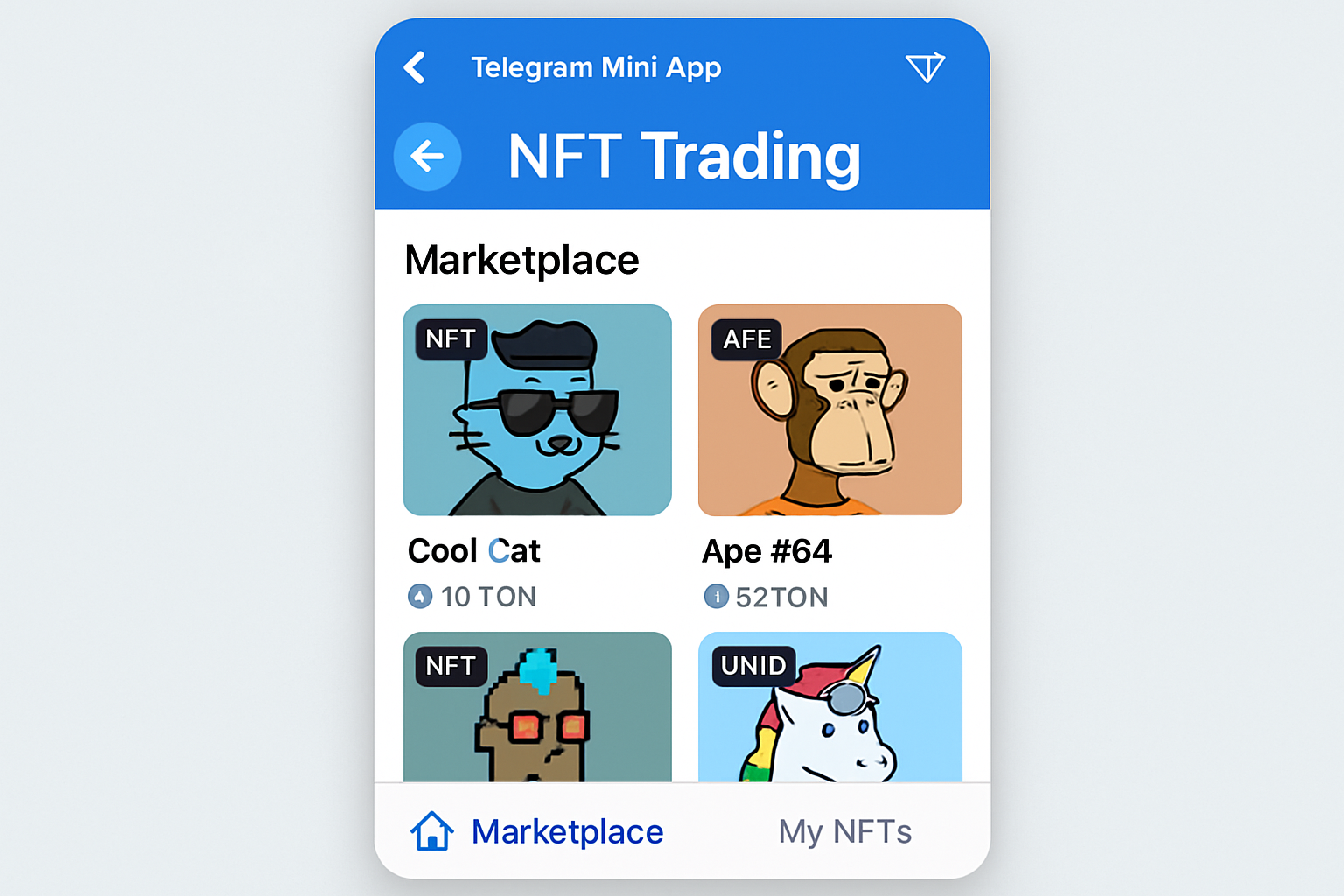 Screenshot of a Telegram Mini App powered by TON blockchain, displaying NFT trading features inside a chat interface