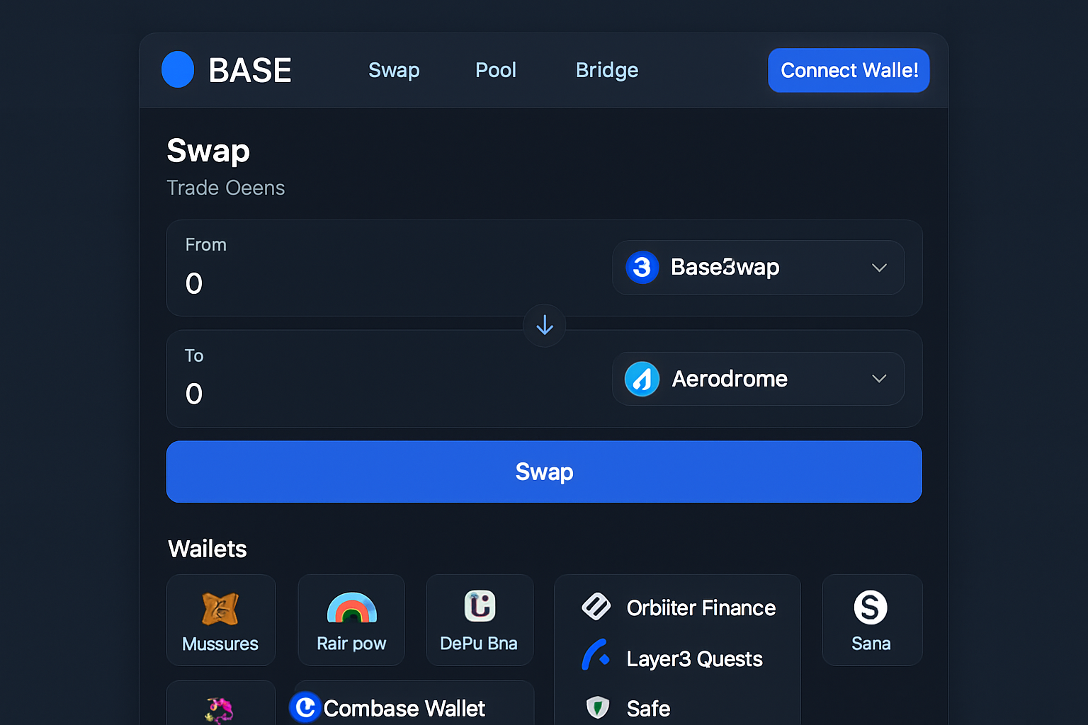 Screenshot of a user-friendly DeFi app interface on Base blockchain in 2025, displaying beginner-friendly tools like BaseSwap, Aerodrome, MetaMask, Rainbow Wallet, DeFiLlama, Uniswap, Coinbase Wallet, Orbiter Finance, Layer3 Quests, and Safe.